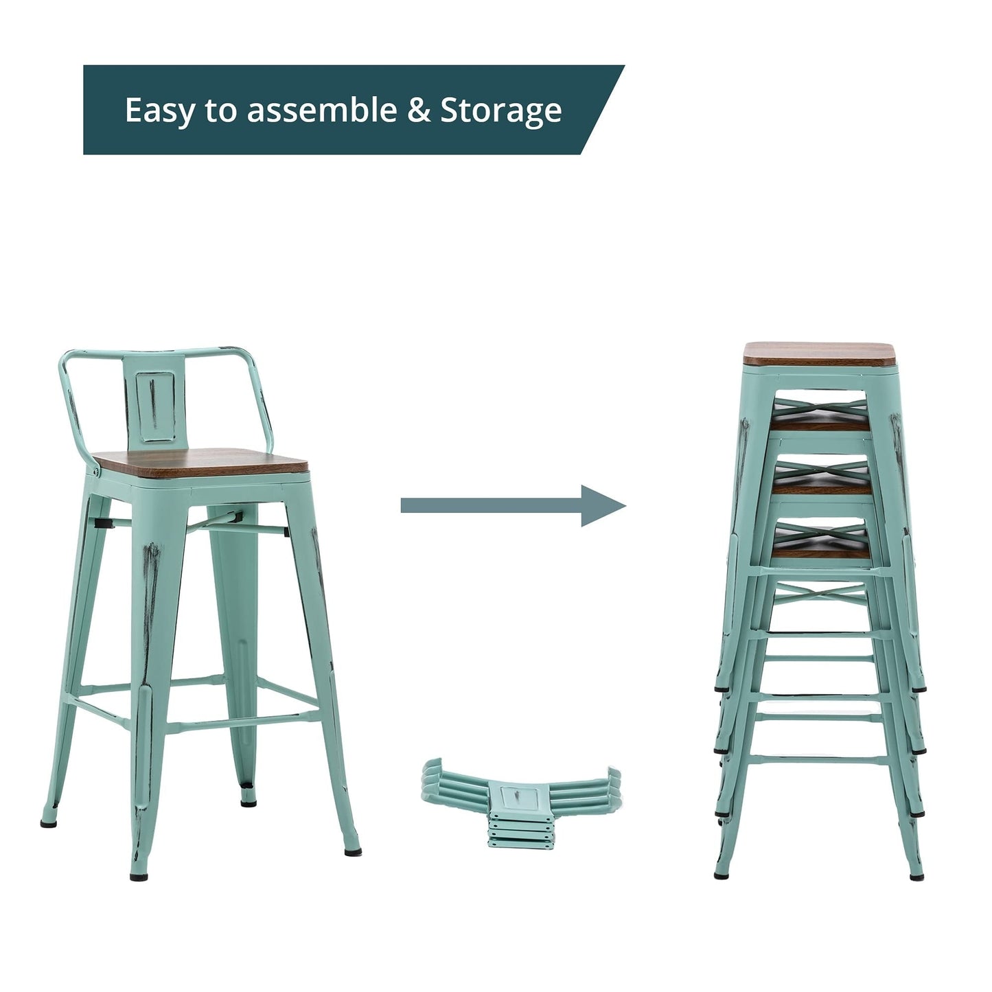 Tabourets de bar avec dossier, lot de 4, tabourets de bar industriels en métal avec assises en bois