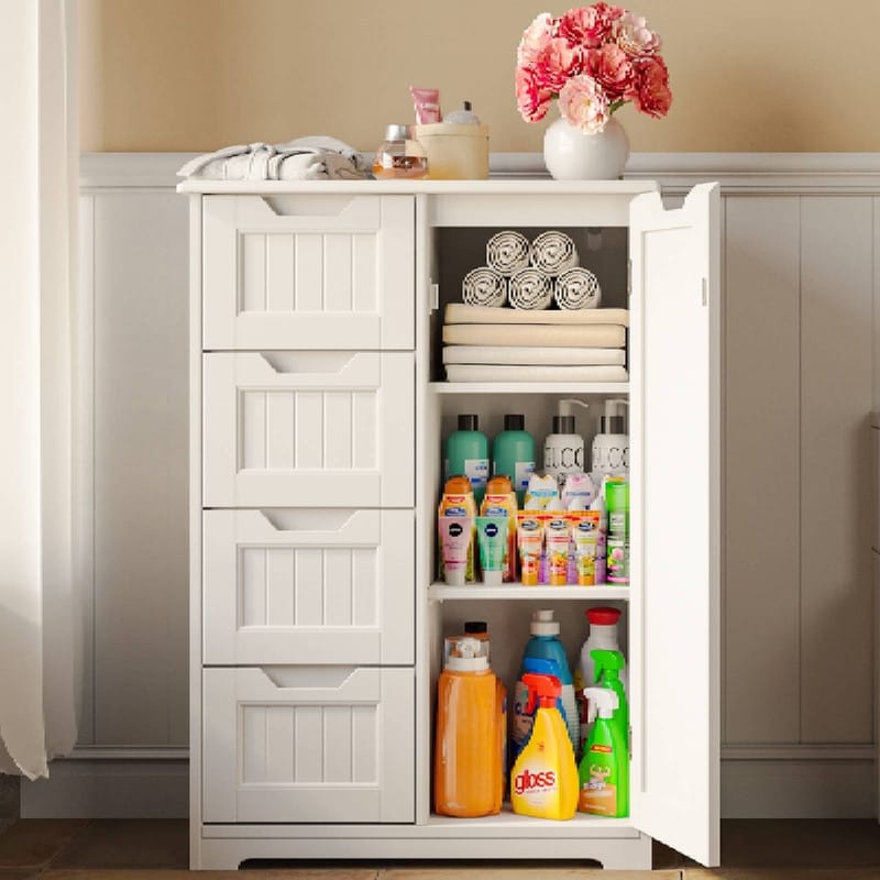Meuble de rangement pour salle de bain, meuble de rangement au sol avec 4 tiroirs et étagère réglable