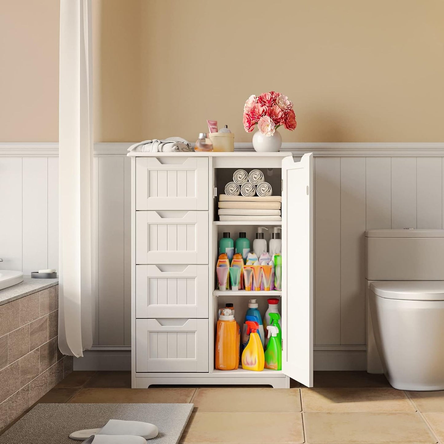 Meuble de rangement pour salle de bain, meuble de rangement au sol avec 4 tiroirs et étagère réglable