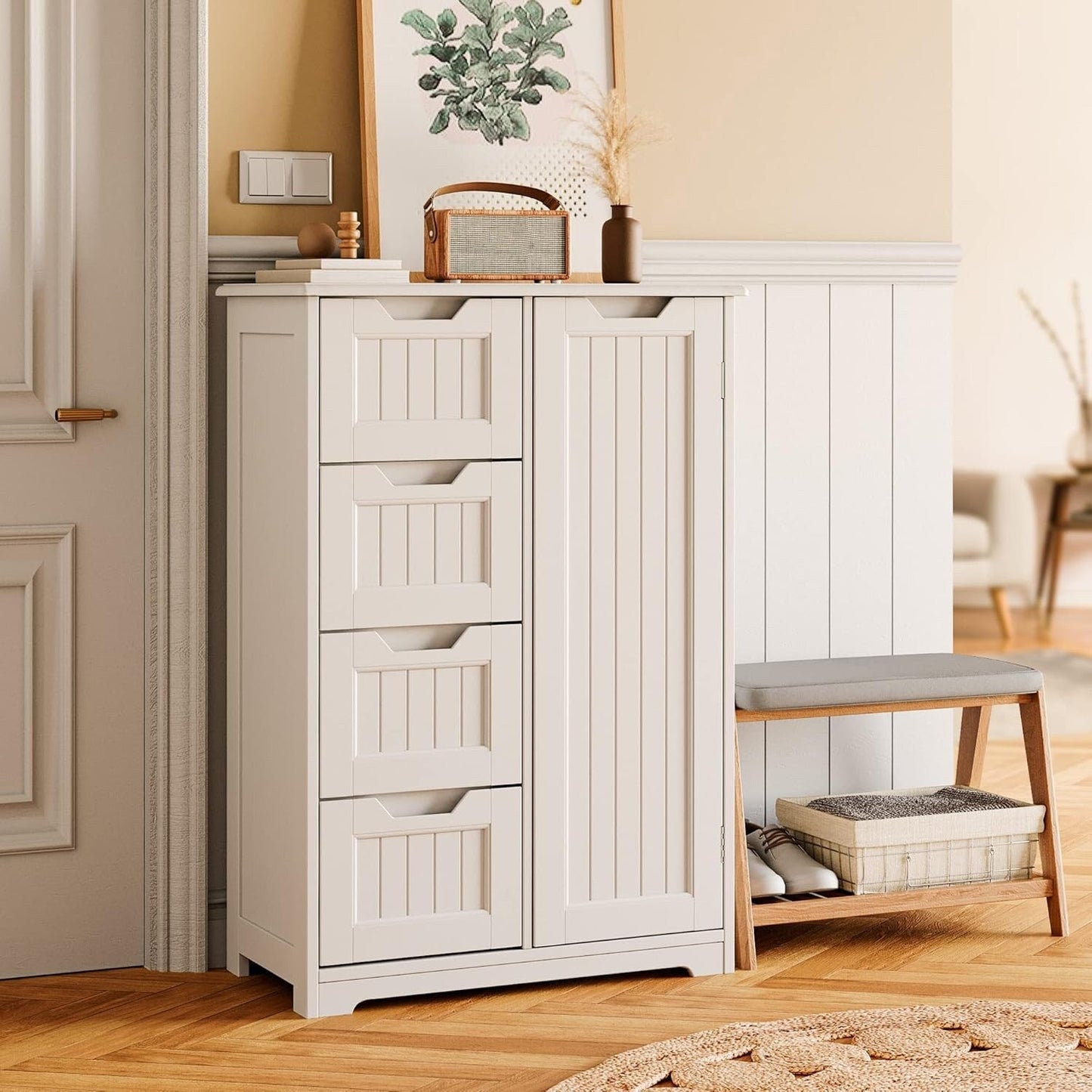 Meuble de rangement pour salle de bain, meuble de rangement au sol avec 4 tiroirs et étagère réglable