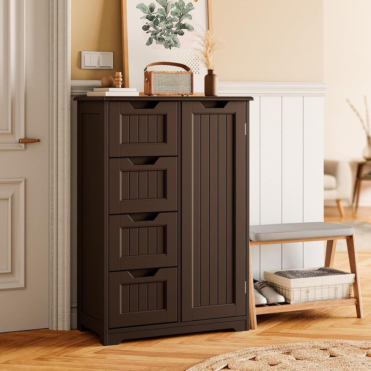 Meuble de rangement pour salle de bain, meuble de rangement au sol avec 4 tiroirs et étagère réglable