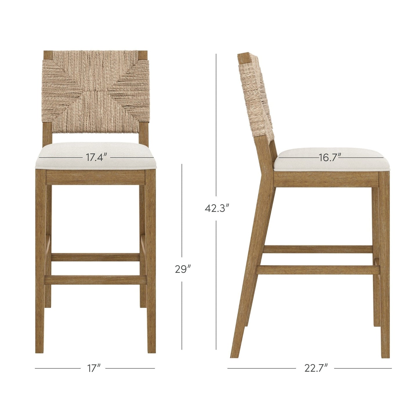 Tabouret de bar Beacon Bohemian Boucle, chaise de comptoir rembourrée avec cadre en bois massif et dossier en jonc tressé.