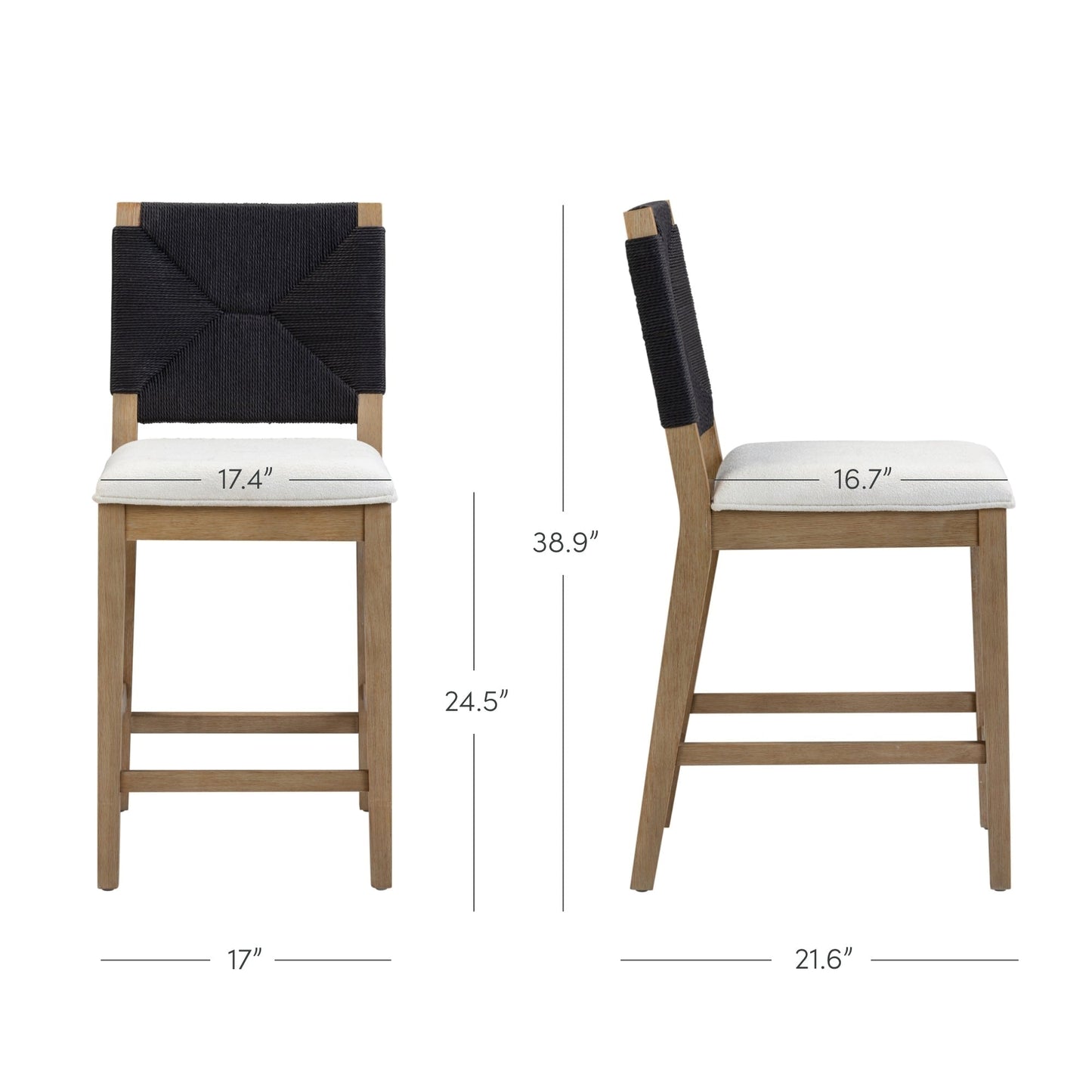 Tabouret de bar Beacon Bohemian Boucle, chaise de comptoir rembourrée avec cadre en bois massif et dossier en jonc tressé.
