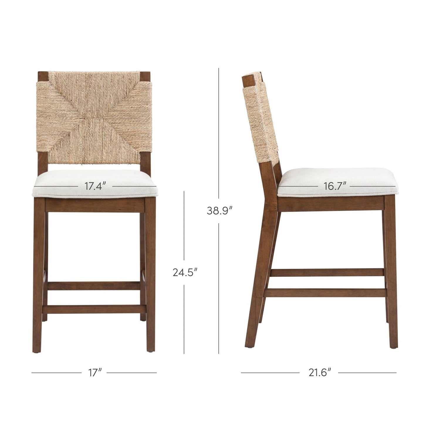 Tabouret de bar Beacon Bohemian Boucle, chaise de comptoir rembourrée avec cadre en bois massif et dossier en jonc tressé.