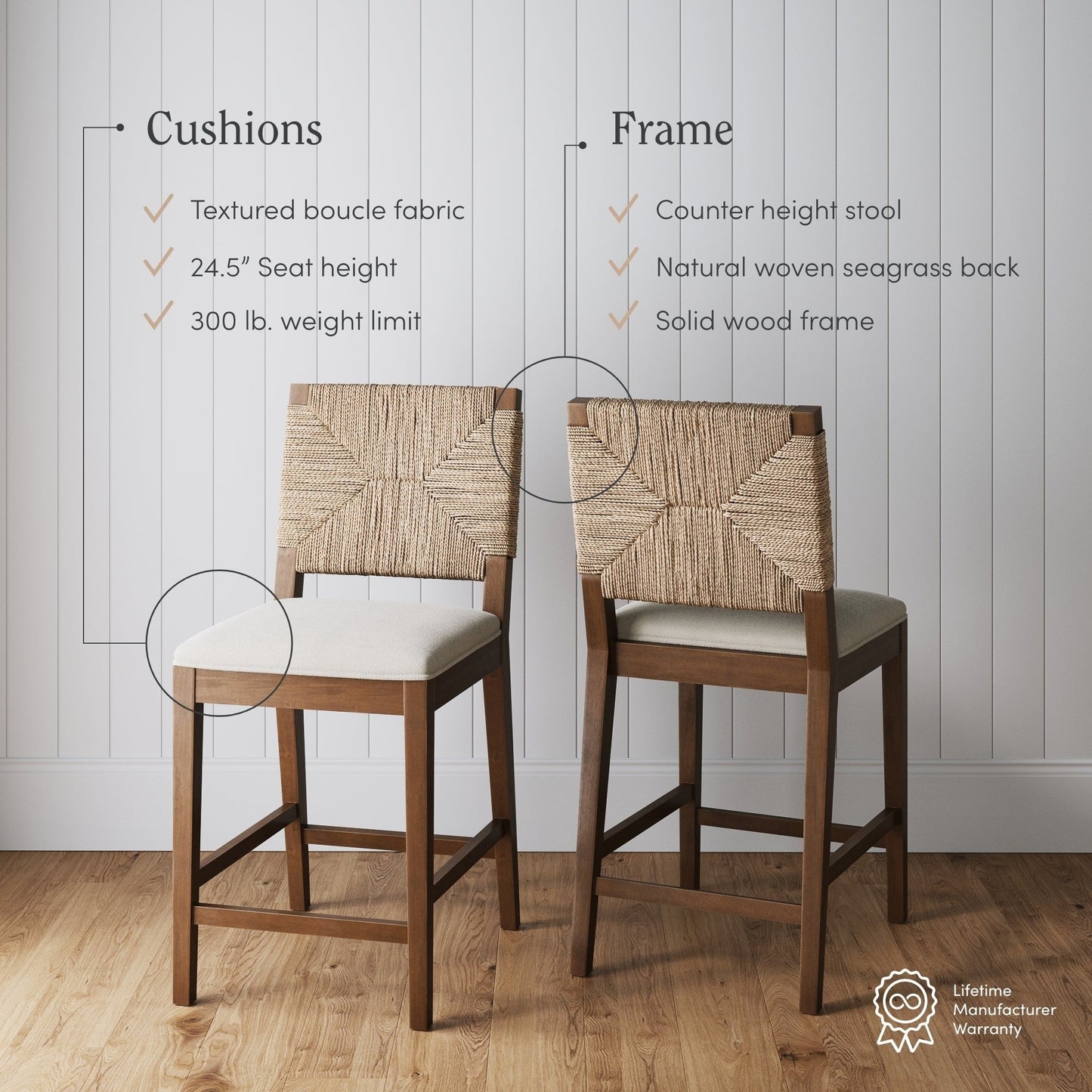 Tabouret de bar Beacon Bohemian Boucle, chaise de comptoir rembourrée avec cadre en bois massif et dossier en jonc tressé.