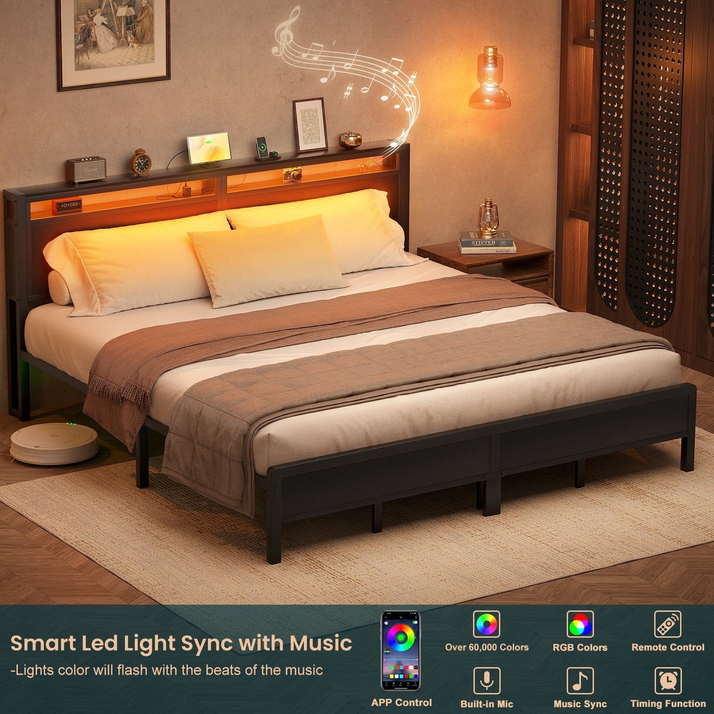 Cadre de lit à plateforme en bois de style farmhouse avec station de recharge et lumières LED