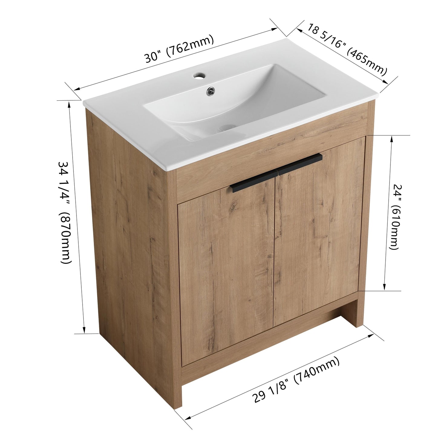 Meuble-lavabo de salle de bain Beingnext 24/30/36 avec lavabo, meuble-lavabo de salle de bain autoportant avec porte à fermeture amortie et étagère réglable