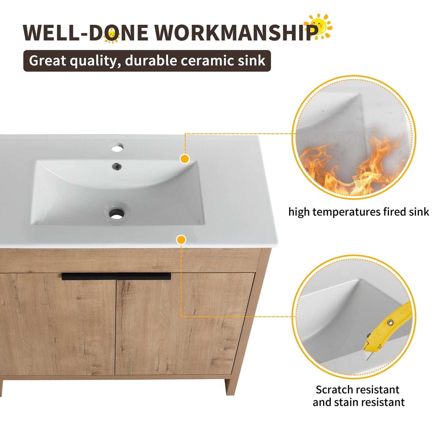 Meuble-lavabo de salle de bain Beingnext 24/30/36 avec lavabo, meuble-lavabo de salle de bain autoportant avec porte à fermeture amortie et étagère réglable