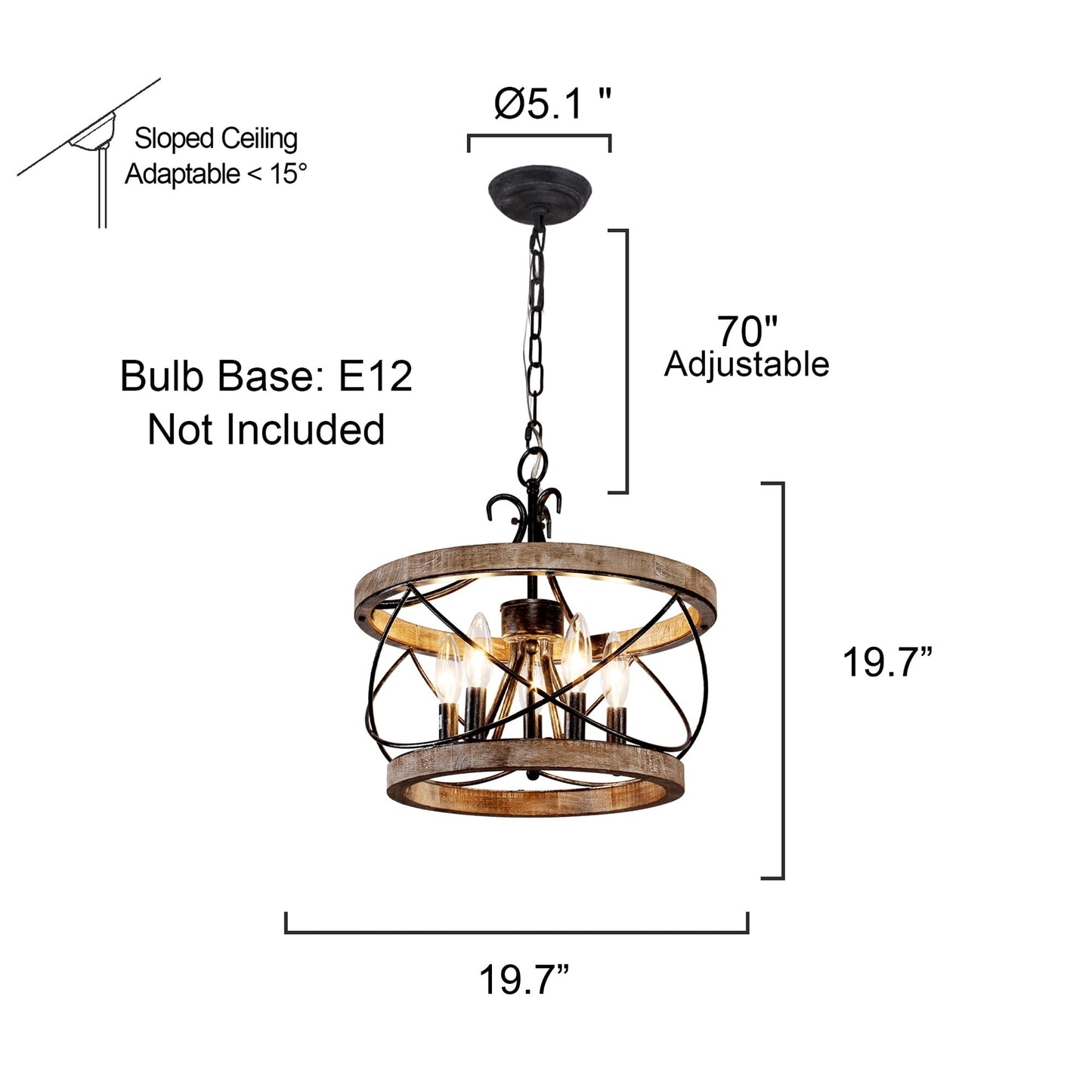 Bella Depot Lustre en bois rustique à 5 lumières, éclairage à intensité variable, luminaire suspendu de style farmhouse réglable de 15,7 pouces pour îlot de cuisine