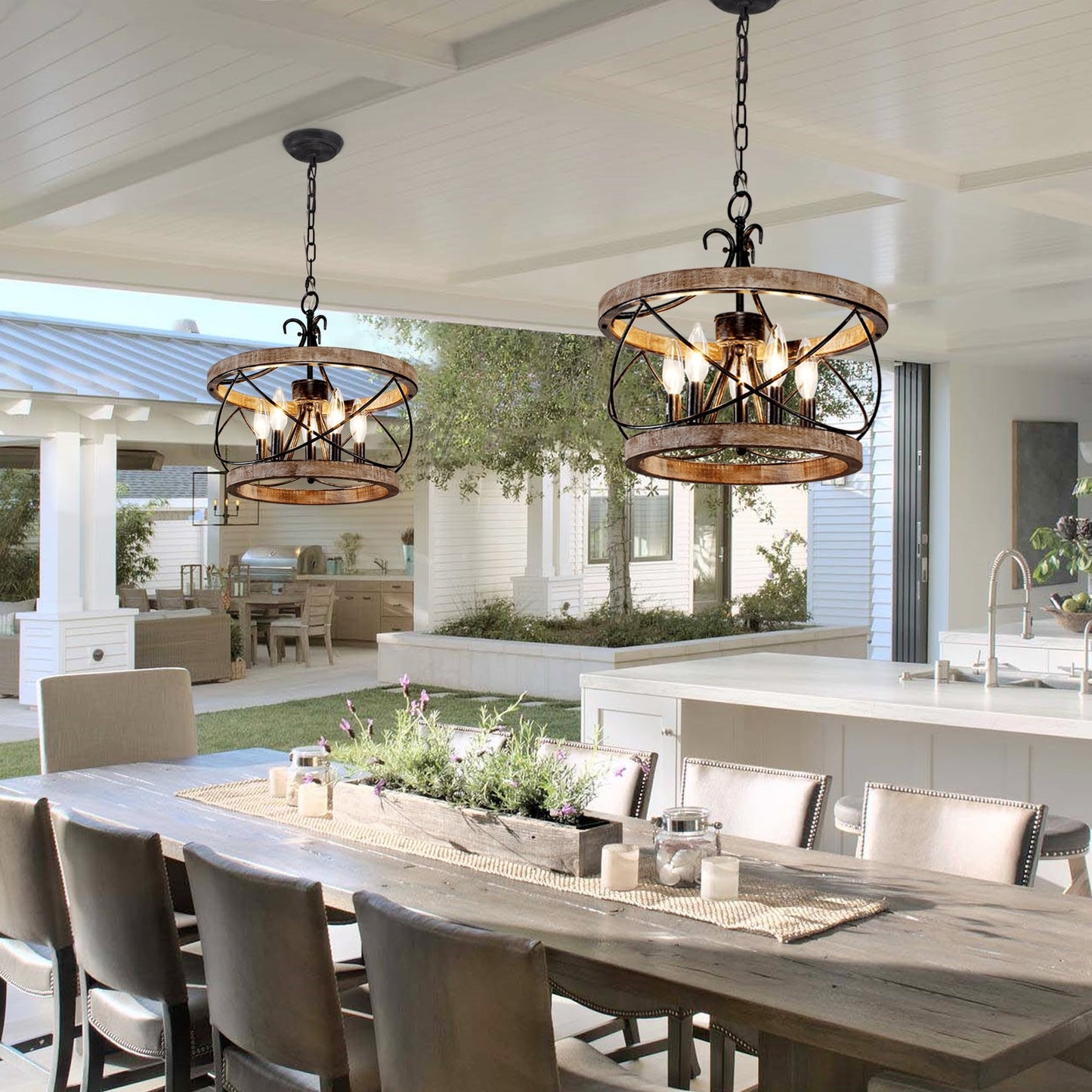 Bella Depot Lustre en bois rustique à 5 lumières, éclairage à intensité variable, luminaire suspendu de style farmhouse réglable de 15,7 pouces pour îlot de cuisine