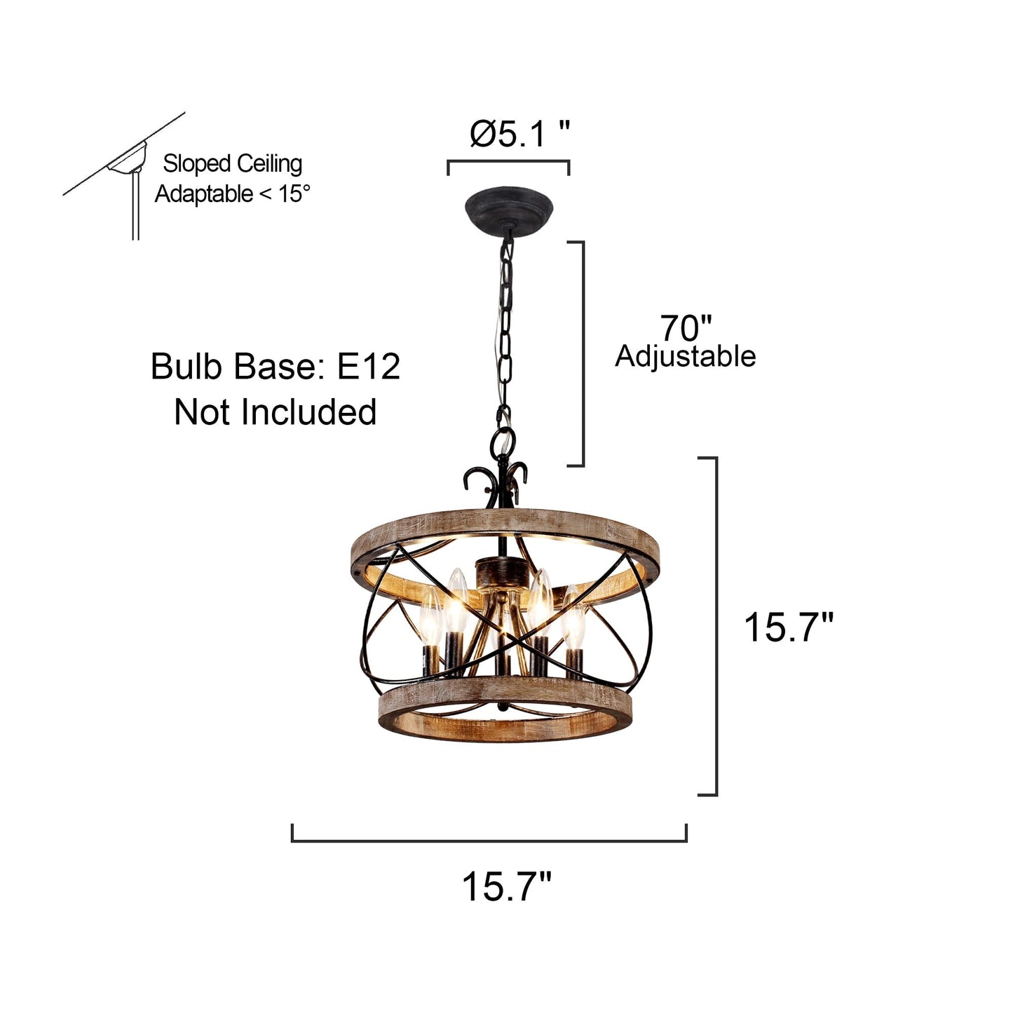 Bella Depot Lustre en bois rustique à 5 lumières, éclairage à intensité variable, luminaire suspendu de style farmhouse réglable de 15,7 pouces pour îlot de cuisine