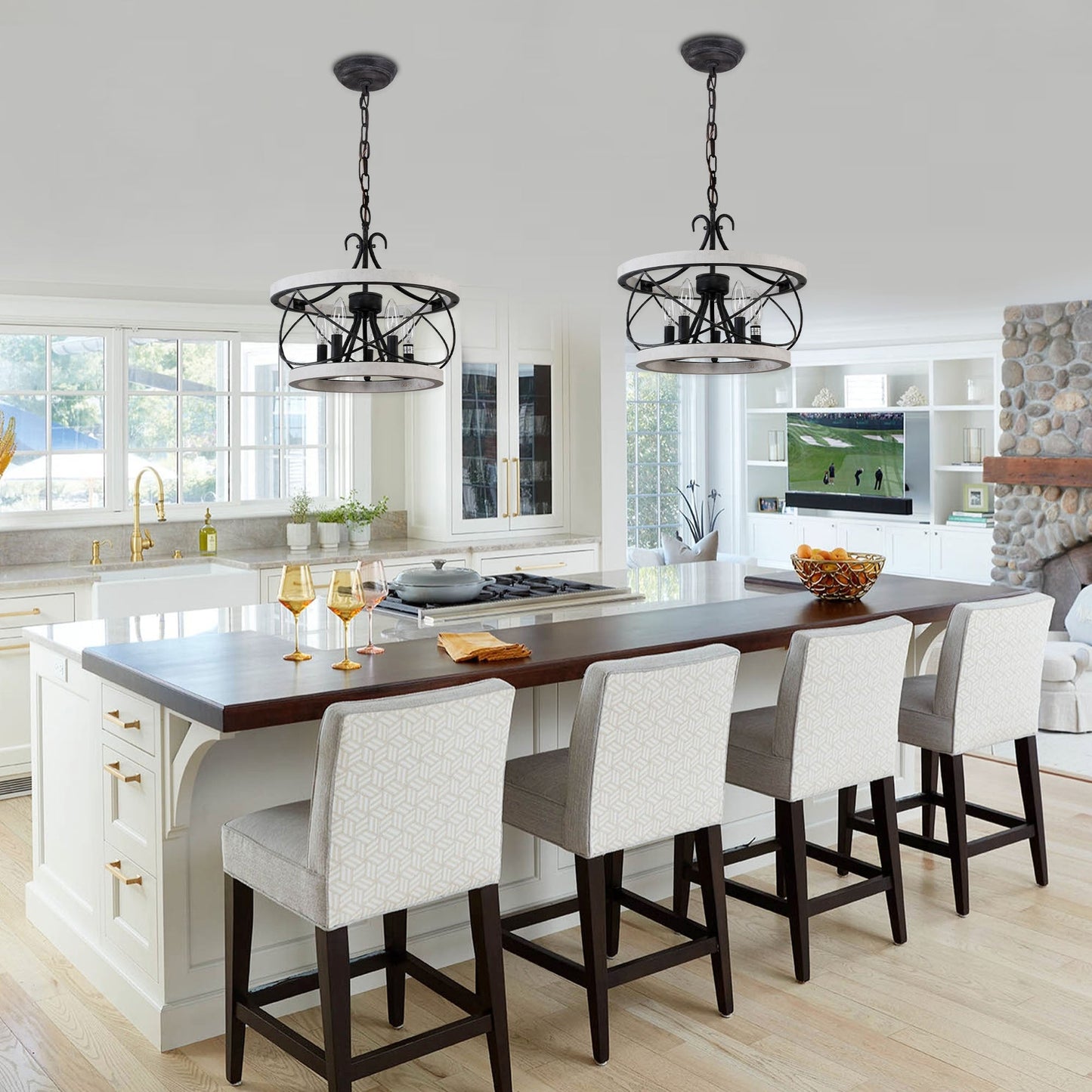 Bella Depot Lustre en bois rustique à 5 lumières, éclairage à intensité variable, luminaire suspendu de style farmhouse réglable de 15,7 pouces pour îlot de cuisine