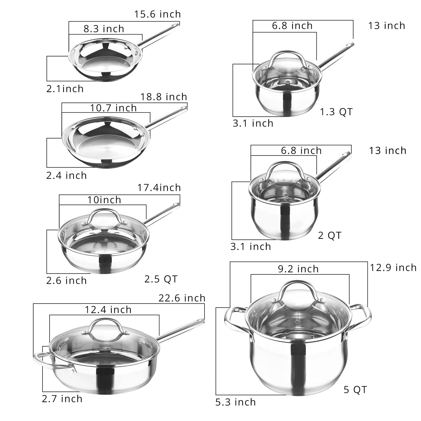 Ensemble de 12 pièces en acier inoxydable Bergner, compatible avec le lave-vaisselle et l'induction.