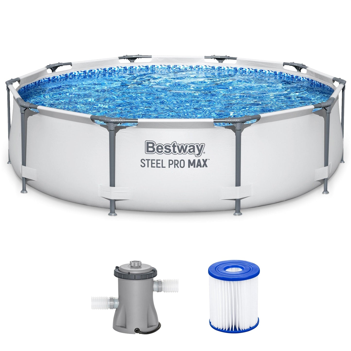 Bestway Steel Pro MAX Piscine hors sol ronde de 3 m de diamètre (10 pieds) et 76 cm de hauteur (30 pouces) avec pompe - 3 m x 76 cm.