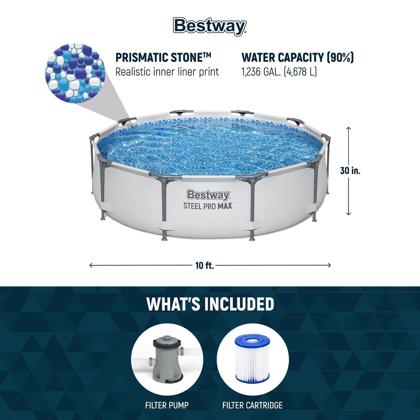 Bestway Steel Pro MAX Piscine hors sol ronde de 3 m de diamètre (10 pieds) et 76 cm de hauteur (30 pouces) avec pompe - 3 m x 76 cm.