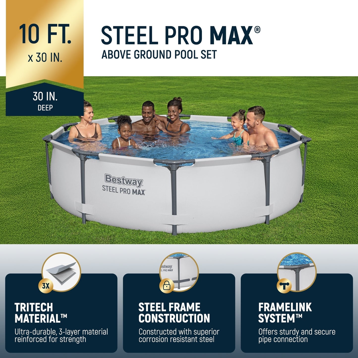 Bestway Steel Pro MAX Piscine hors sol ronde de 3 m de diamètre (10 pieds) et 76 cm de hauteur (30 pouces) avec pompe - 3 m x 76 cm.