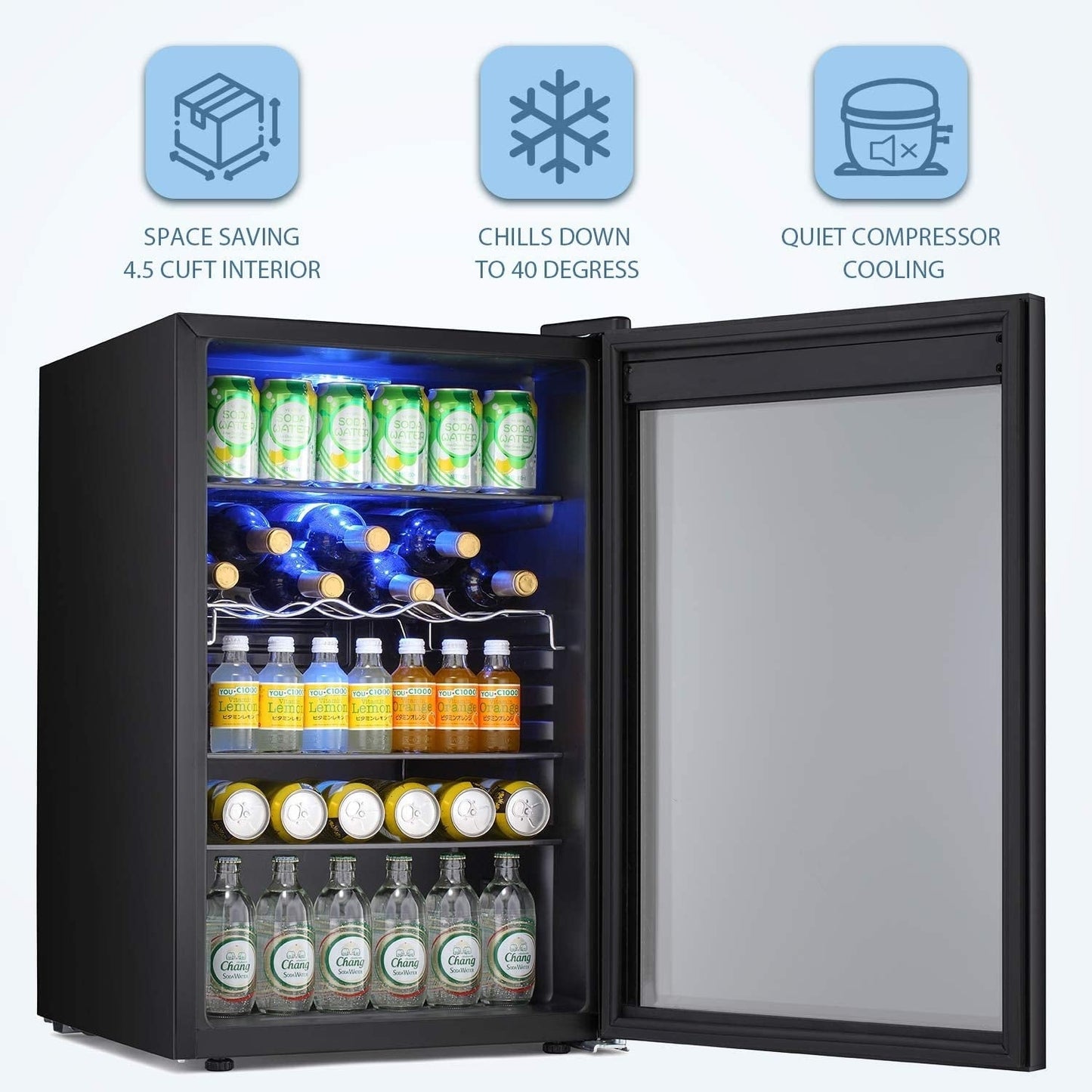 Cave à vin de 4,4 pi3 avec lumières LED et boutons tactiles, étagères amovibles, moins de 38 dB