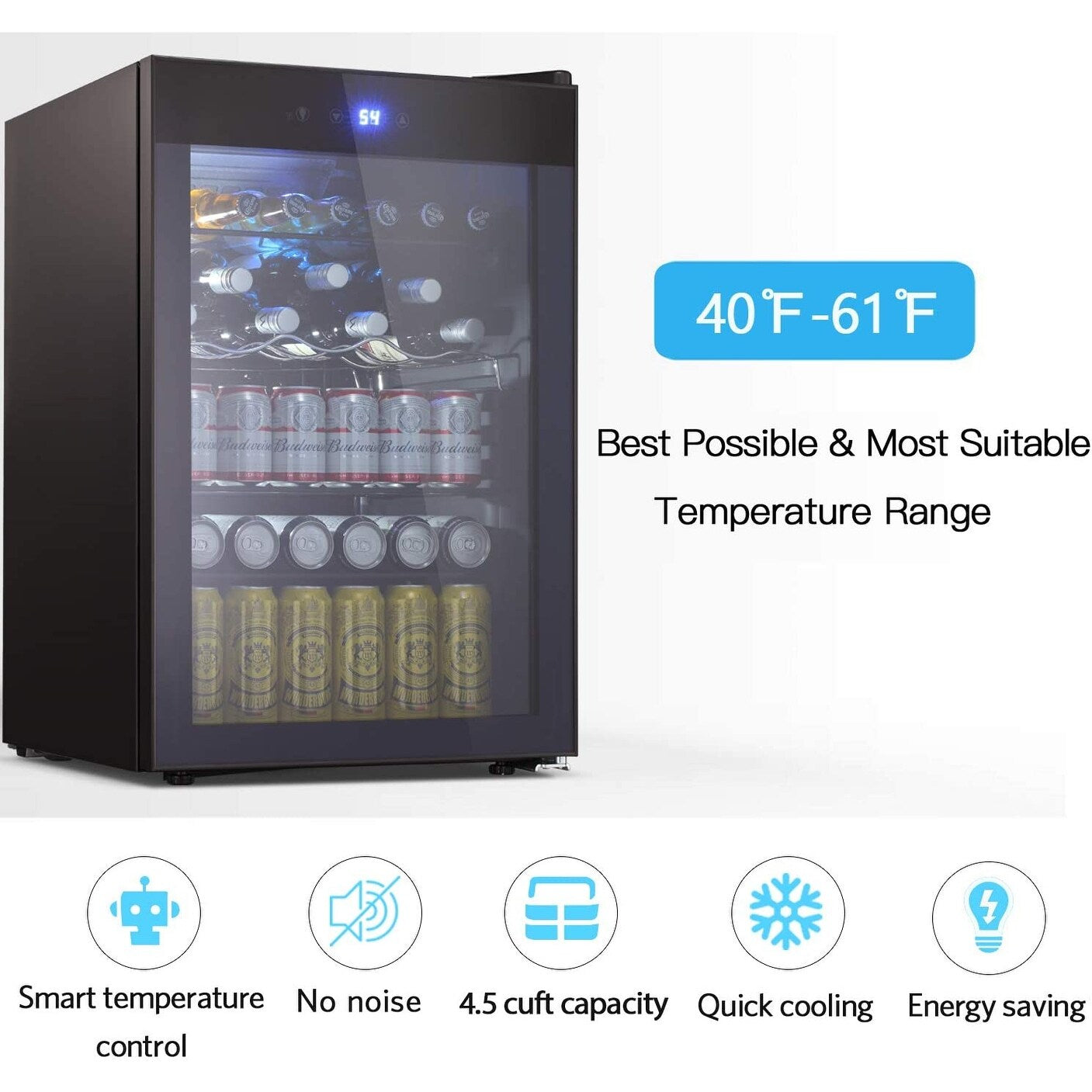 Cave à vin de 4,4 pi3 avec lumières LED et boutons tactiles, étagères amovibles, moins de 38 dB