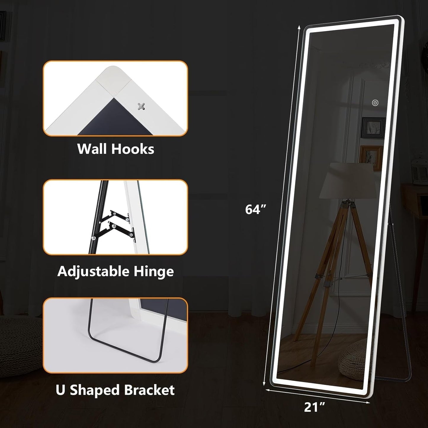 Grand miroir de sol avec éclairage LED, miroir pleine longueur 64 x 21 pouces avec support, miroir mural suspendu, miroir corporel entier.