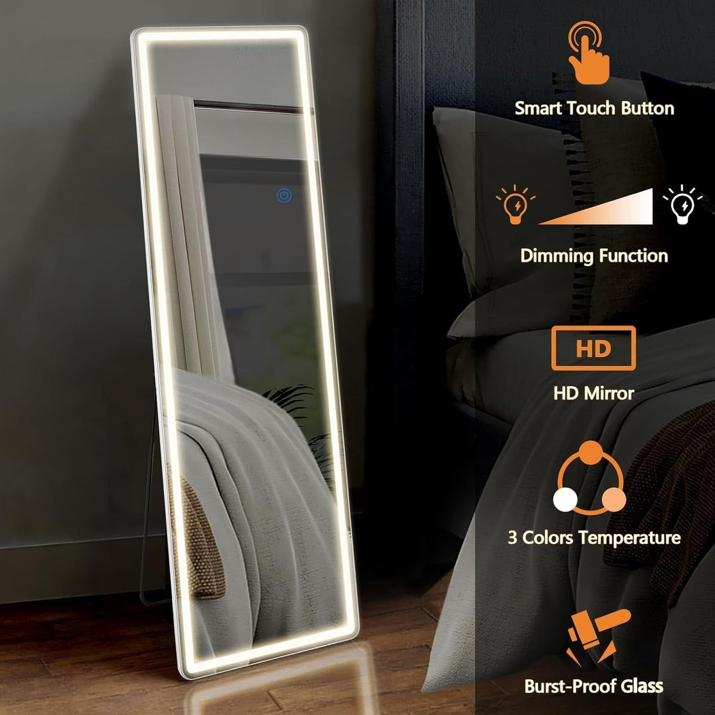 Grand miroir de sol avec éclairage LED, miroir pleine longueur 64 x 21 pouces avec support, miroir mural suspendu, miroir corporel entier.