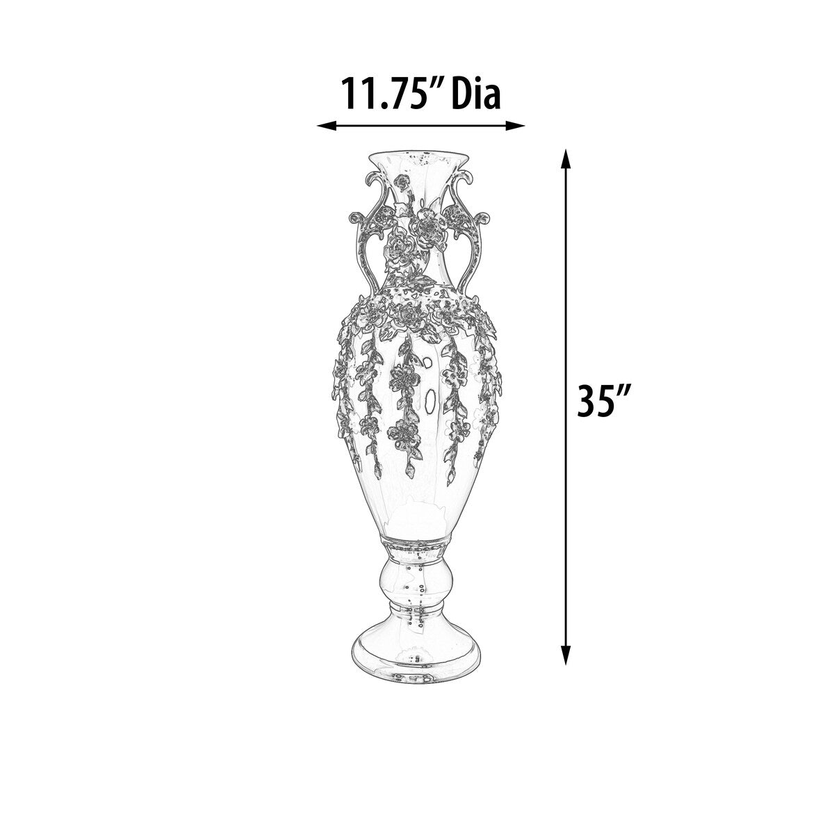 Vase magnifique de 89 cm de haut, orné de fleurs et de strass argentés et noirs.