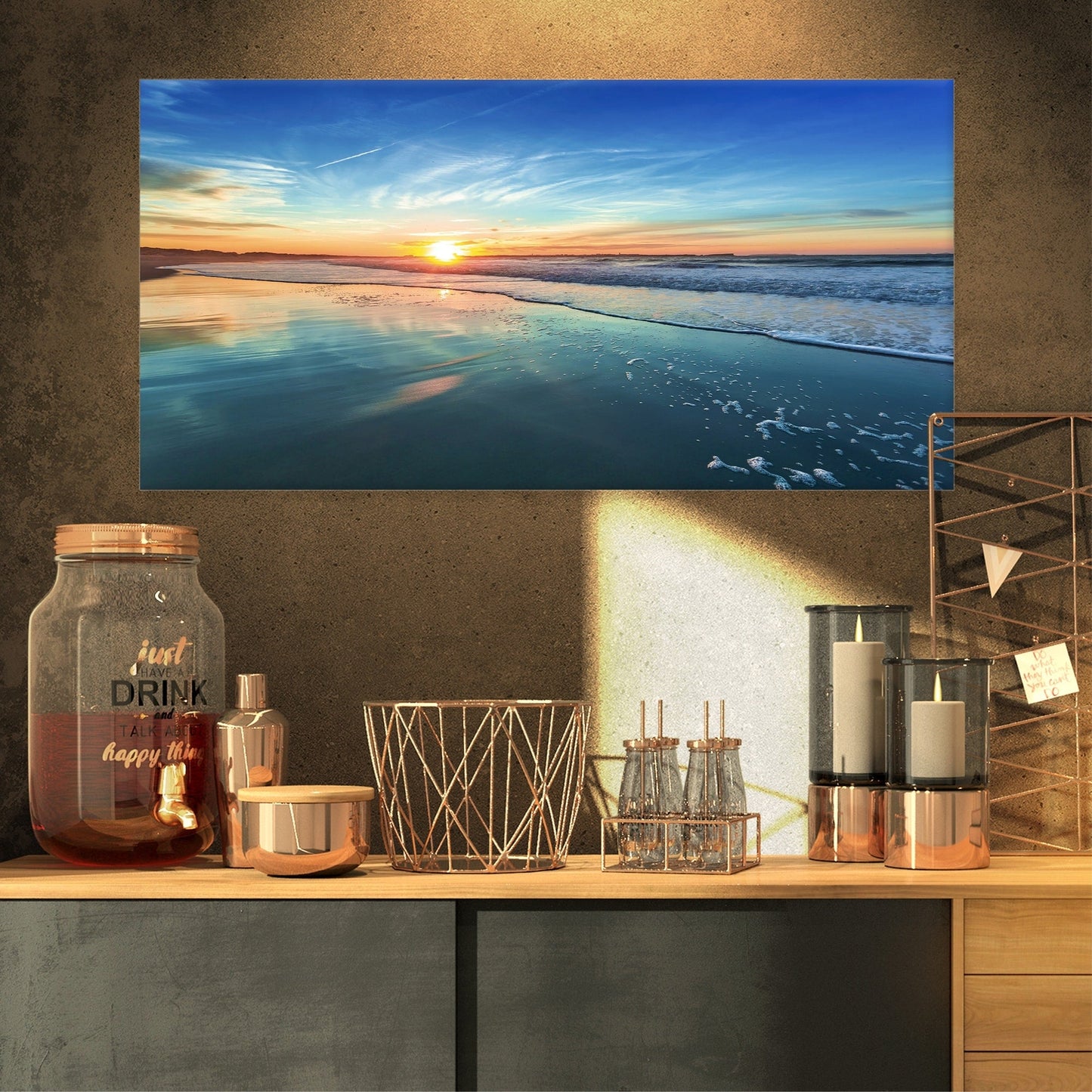 Côté de mer bleu avec coucher de soleil lointain - Tableau mural sur toile représentant un bord de mer
