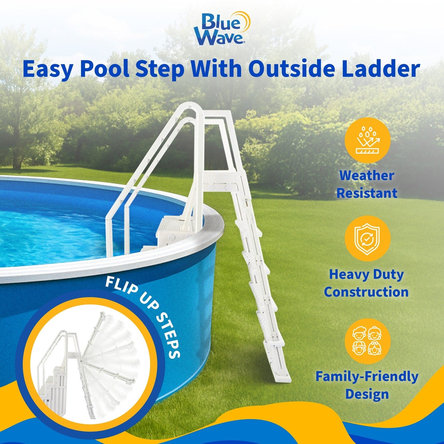Escalier de piscine Blue Wave Easy Step avec échelle extérieure pour piscines hors sol - 82,5 cm L x 142,2 cm P x 205,7 cm H