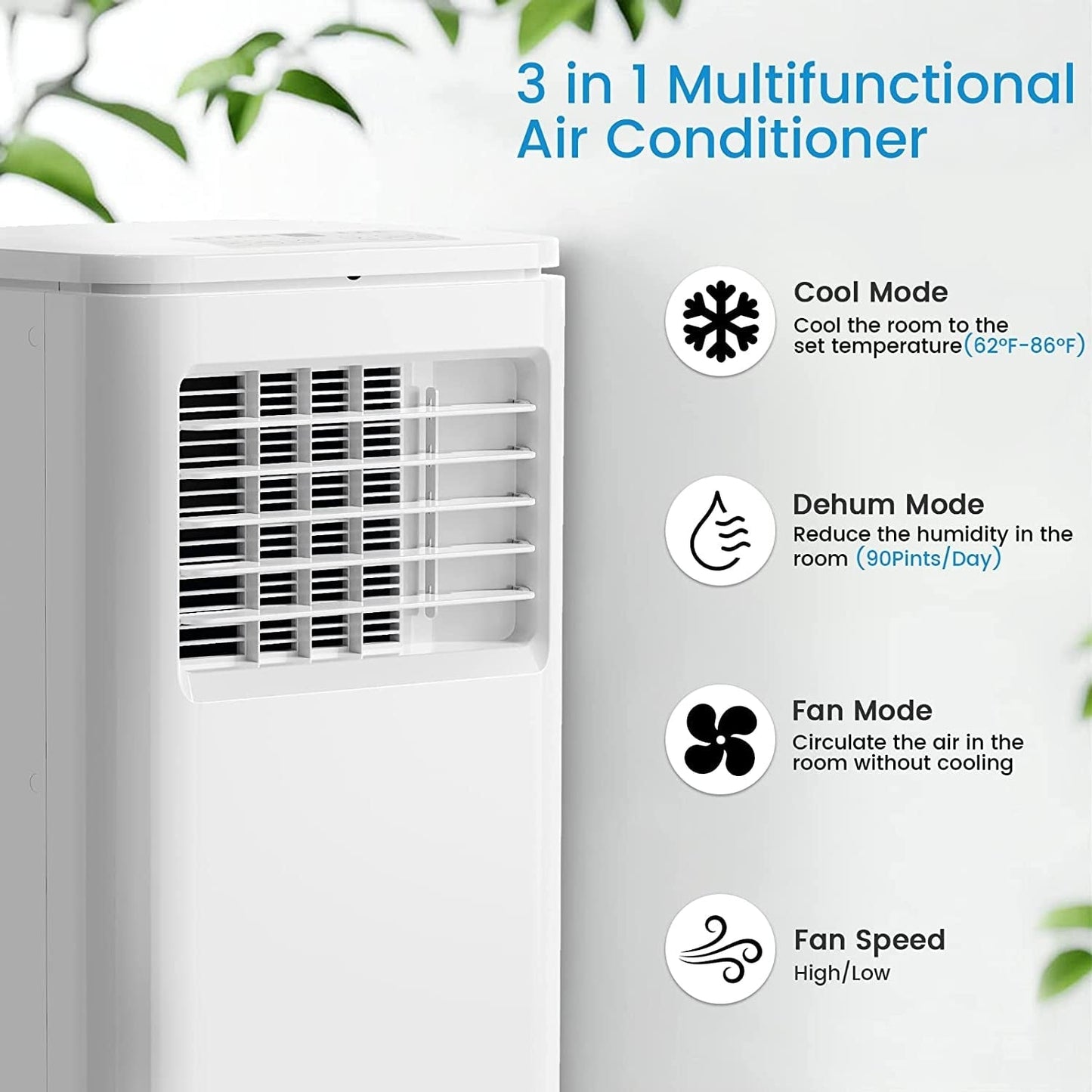 Bossin 8000 BTU (ASHRAE), 5000 BTU (SACC) Climatiseur portable 3-en-1 avec télécommande, climatiseur silencieux pour chambre - 880v