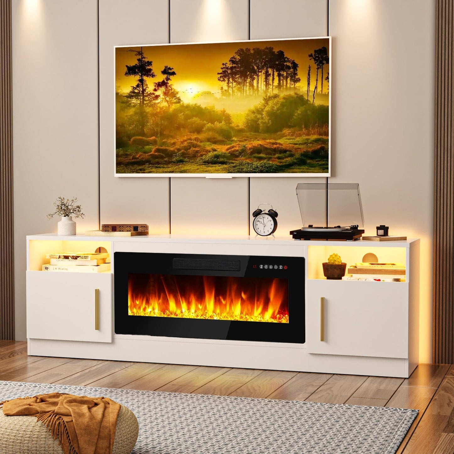 Meuble TV avec foyer électrique Bossin 70, foyer électrique de 36 pouces, meuble TV pour téléviseurs jusqu'à 80 pouces, éclairage LED à 16 couleurs/centre de divertissement