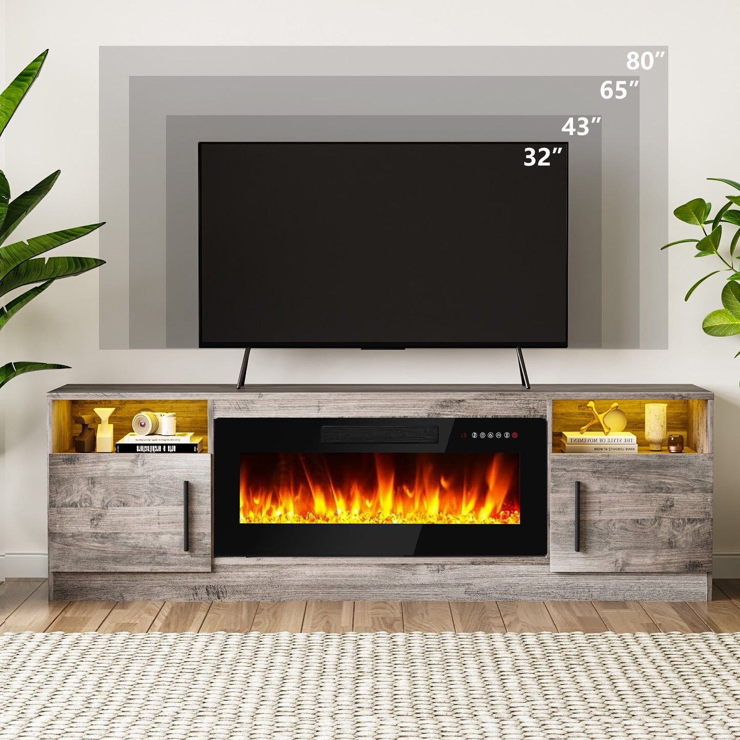 Meuble TV avec foyer électrique Bossin 70, foyer électrique de 36 pouces, meuble TV pour téléviseurs jusqu'à 80 pouces, éclairage LED à 16 couleurs/centre de divertissement