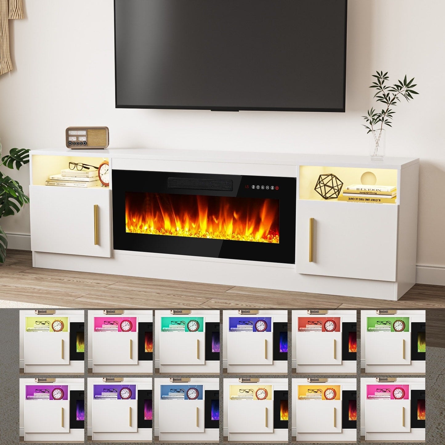 Meuble TV avec foyer électrique Bossin 70, foyer électrique de 36 pouces, meuble TV pour téléviseurs jusqu'à 80 pouces, éclairage LED à 16 couleurs/centre de divertissement