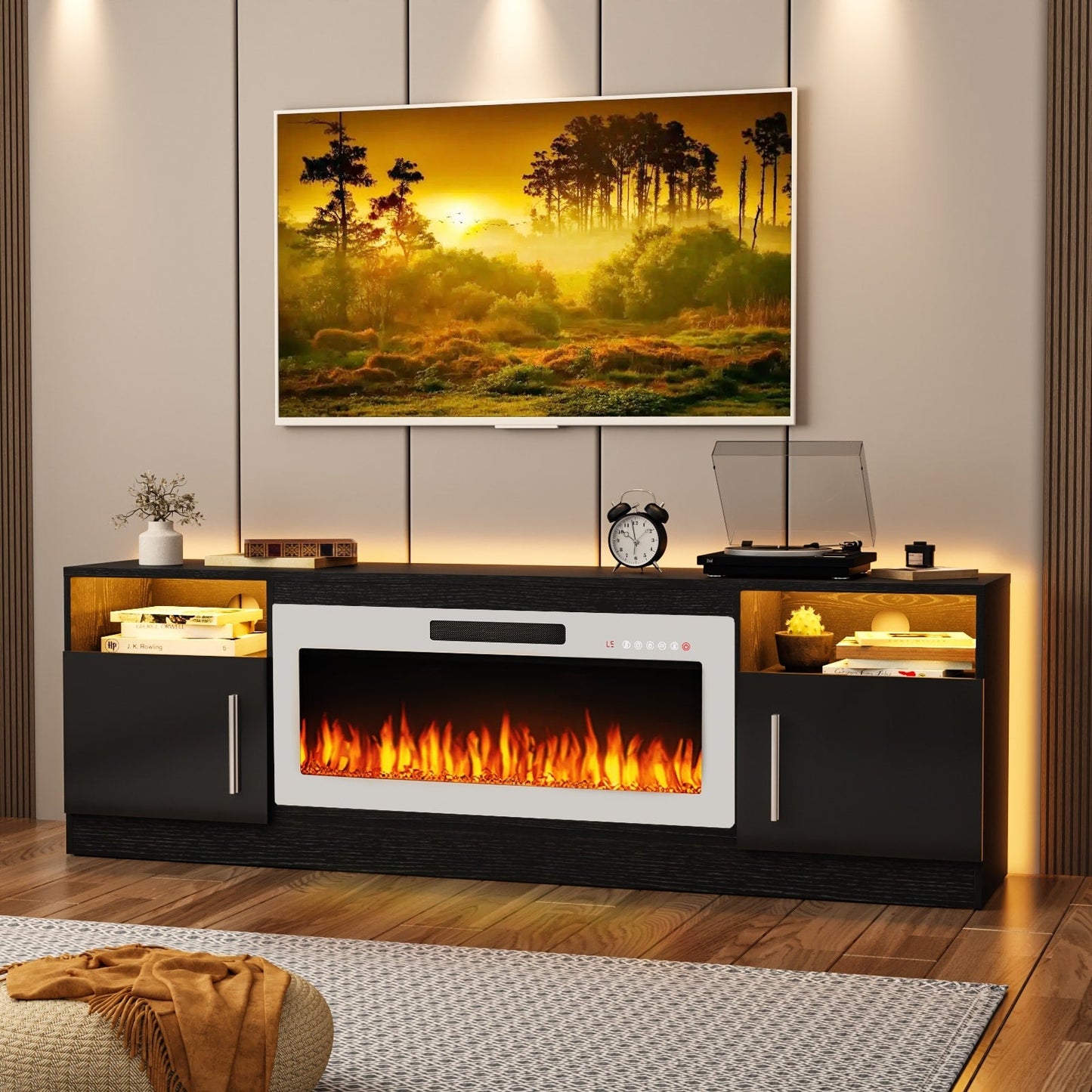 Meuble TV avec foyer électrique Bossin 70, foyer électrique de 36 pouces, meuble TV pour téléviseurs jusqu'à 80 pouces, éclairage LED à 16 couleurs/centre de divertissement