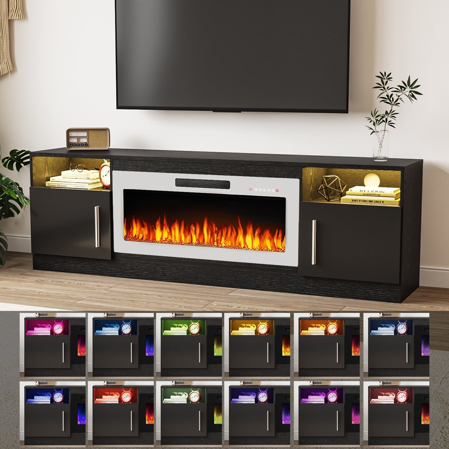 Meuble TV avec foyer électrique Bossin 70, foyer électrique de 36 pouces, meuble TV pour téléviseurs jusqu'à 80 pouces, éclairage LED à 16 couleurs/centre de divertissement