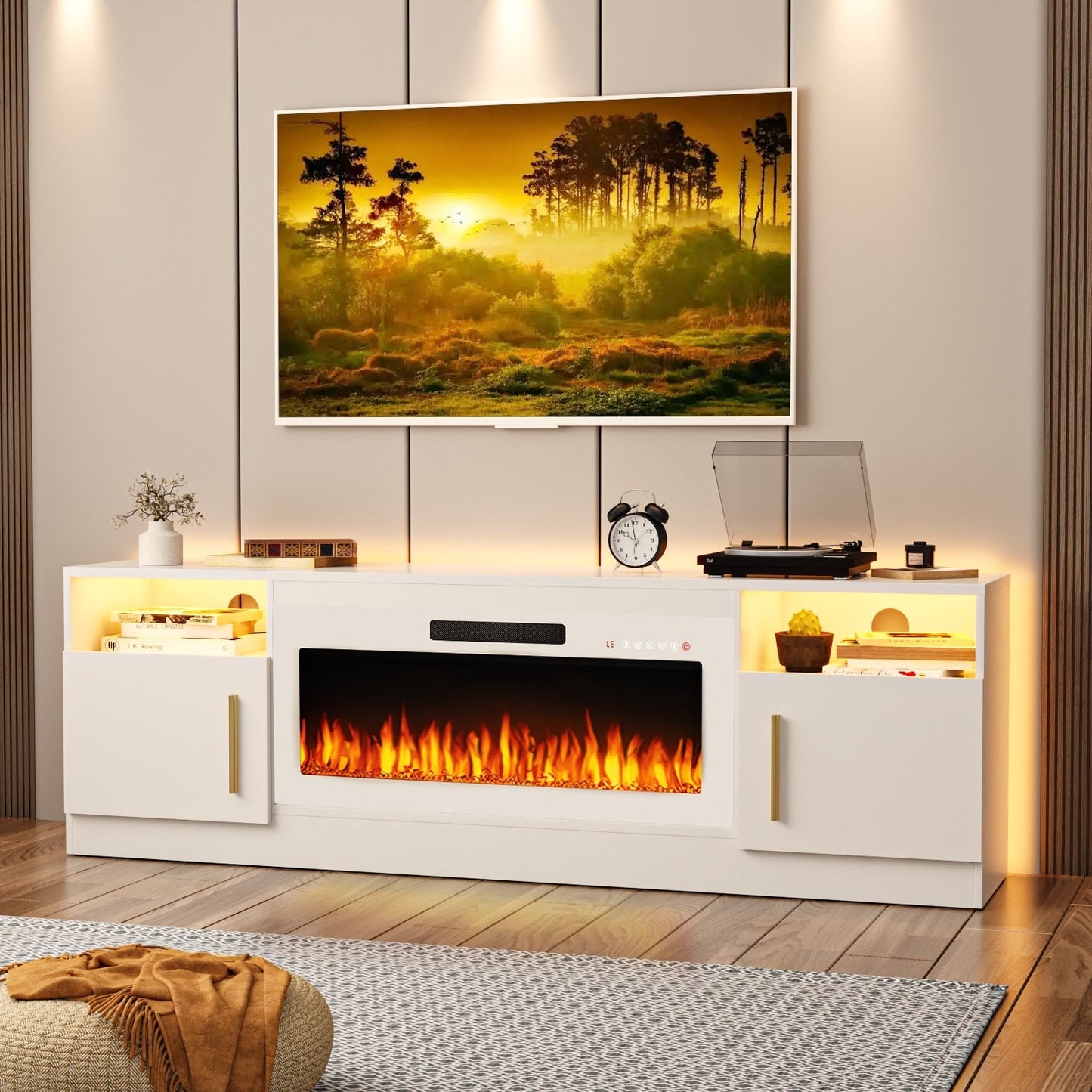 Meuble TV avec foyer électrique Bossin 70, foyer électrique de 36 pouces, meuble TV pour téléviseurs jusqu'à 80 pouces, éclairage LED à 16 couleurs/centre de divertissement