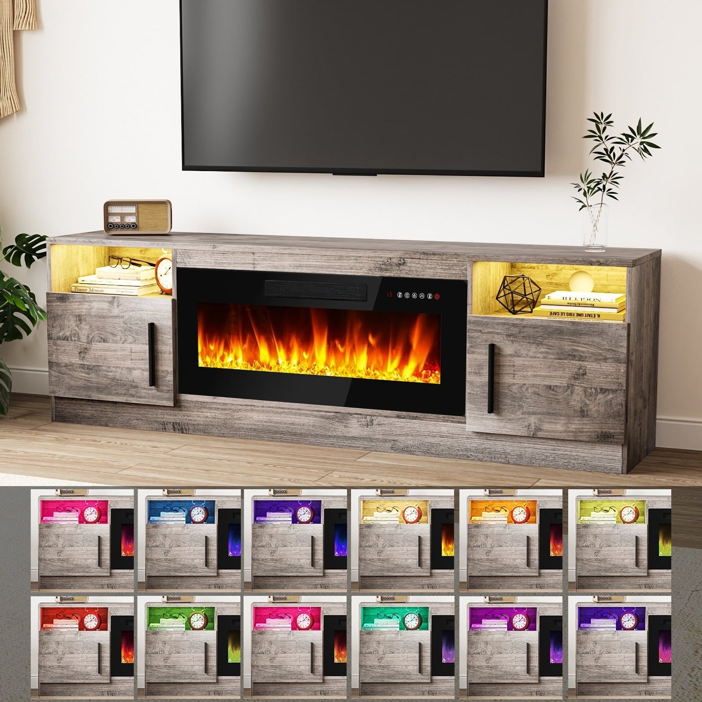 Meuble TV avec foyer électrique Bossin 70, foyer électrique de 36 pouces, meuble TV pour téléviseurs jusqu'à 80 pouces, éclairage LED à 16 couleurs/centre de divertissement