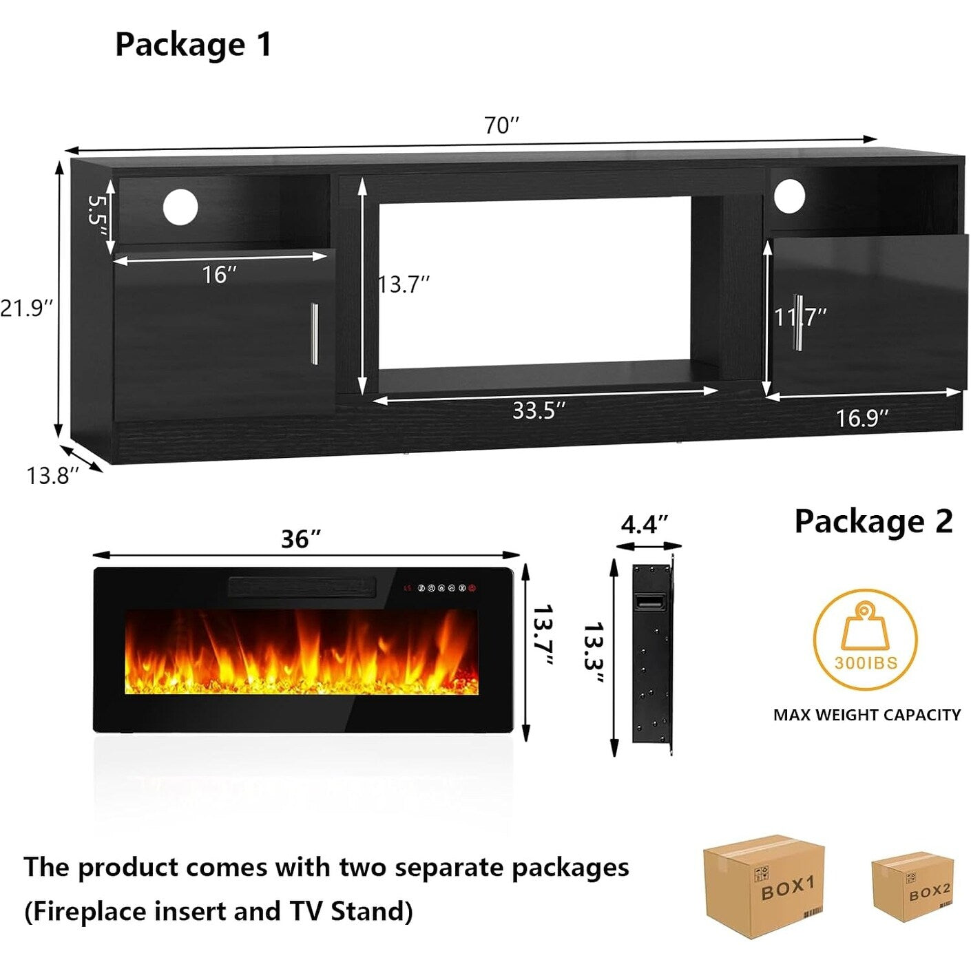 Meuble TV avec foyer électrique Bossin 70, foyer électrique de 36 pouces, meuble TV pour téléviseurs jusqu'à 80 pouces, éclairage LED à 16 couleurs/centre de divertissement