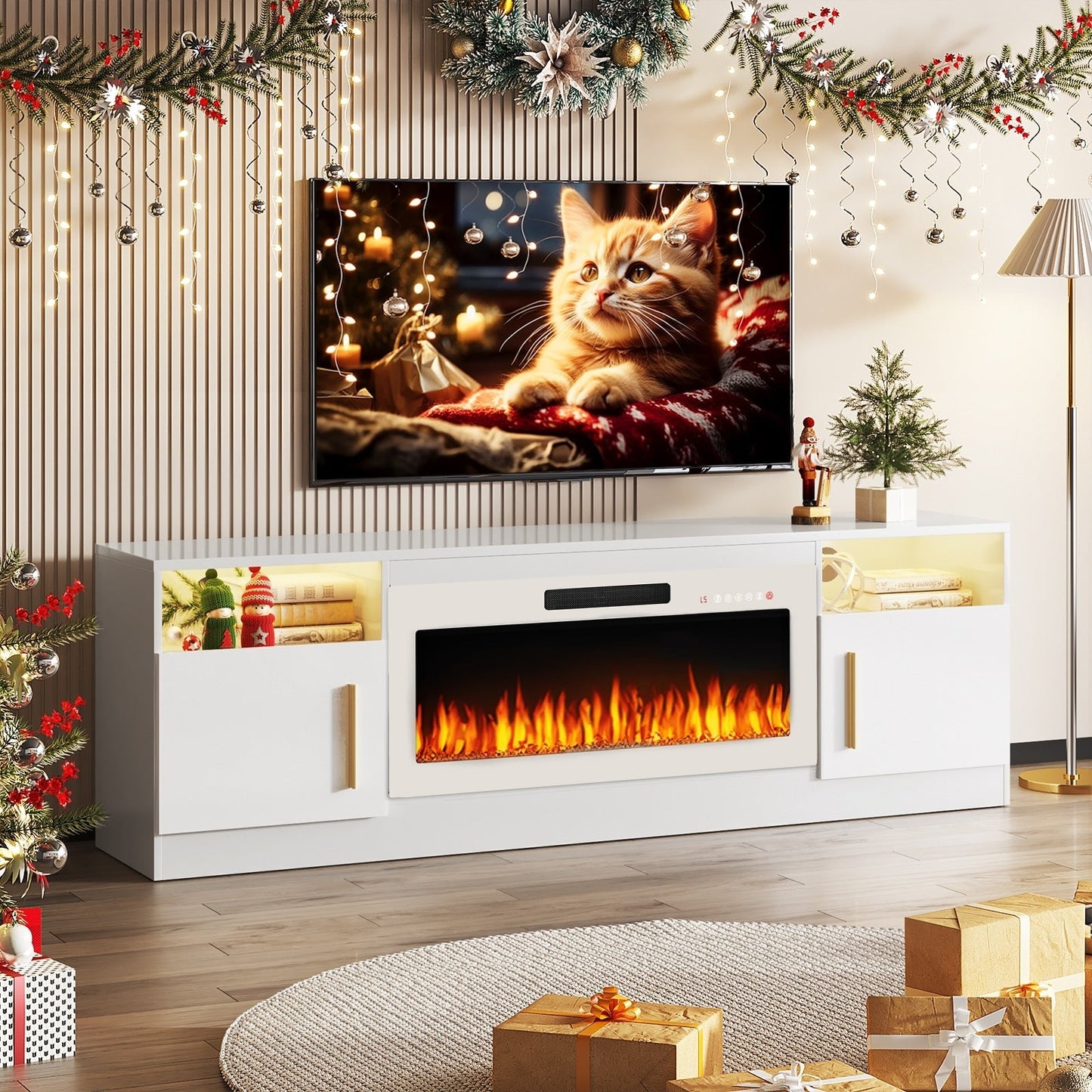 Meuble TV avec foyer électrique Bossin 70, foyer électrique de 36 pouces, meuble TV pour téléviseurs jusqu'à 80 pouces, éclairage LED à 16 couleurs/centre de divertissement