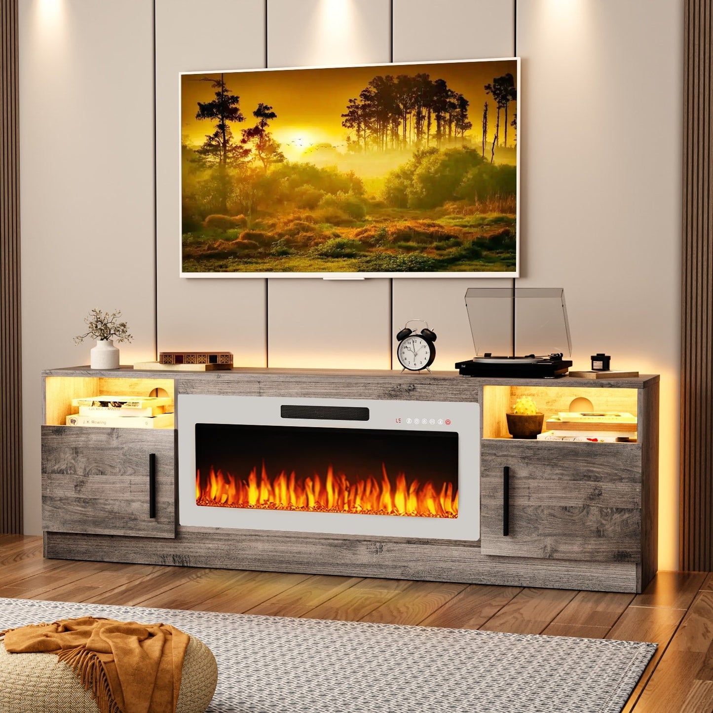 Meuble TV avec foyer électrique Bossin 70, foyer électrique de 36 pouces, meuble TV pour téléviseurs jusqu'à 80 pouces, éclairage LED à 16 couleurs/centre de divertissement