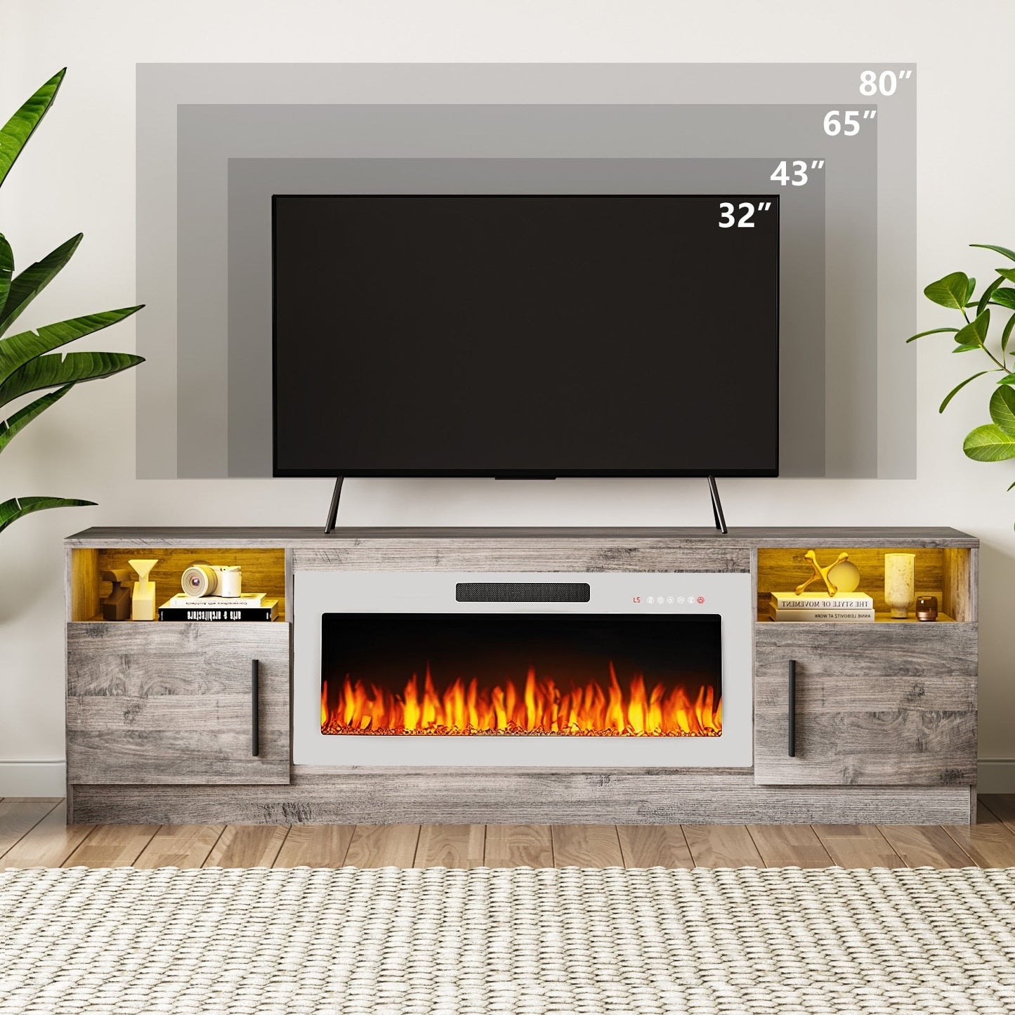 Meuble TV avec foyer électrique Bossin 70, foyer électrique de 36 pouces, meuble TV pour téléviseurs jusqu'à 80 pouces, éclairage LED à 16 couleurs/centre de divertissement
