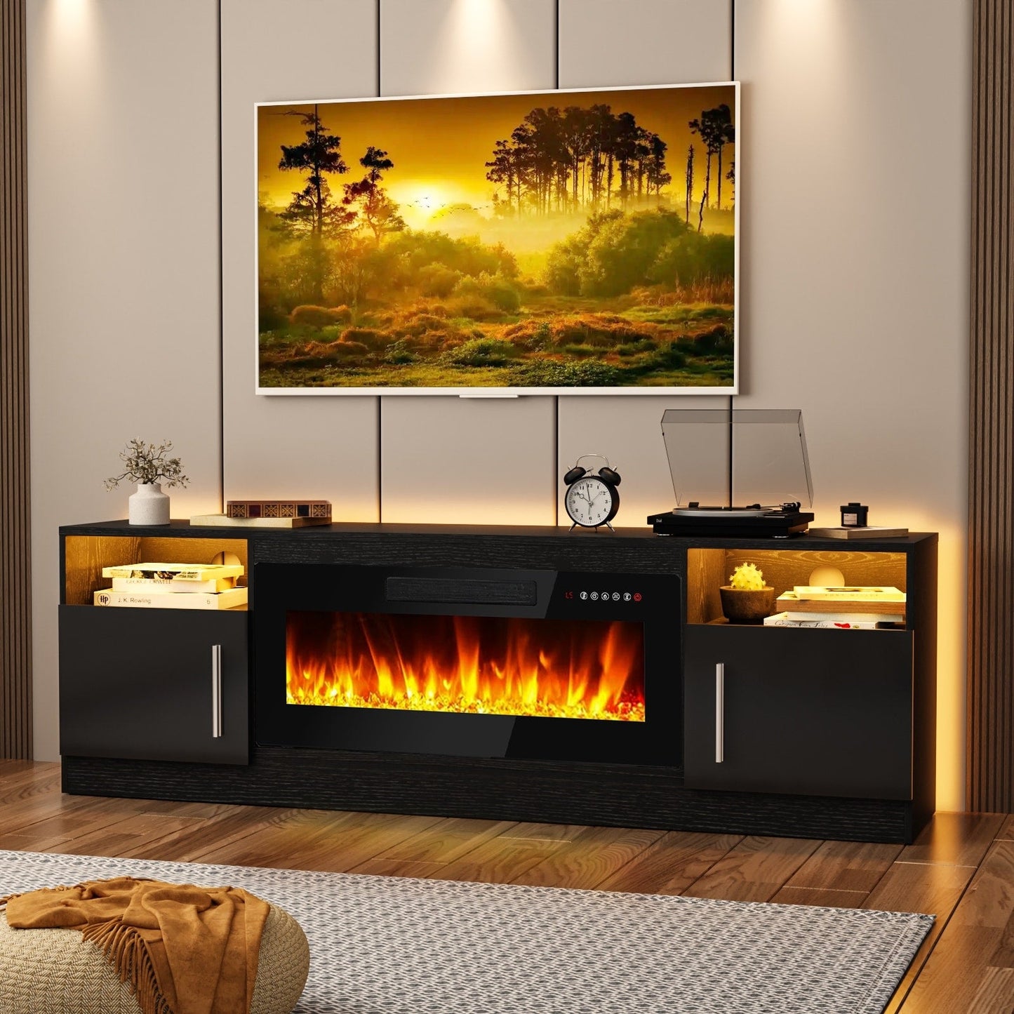 Meuble TV avec foyer électrique Bossin 70, foyer électrique de 36 pouces, meuble TV pour téléviseurs jusqu'à 80 pouces, éclairage LED à 16 couleurs/centre de divertissement