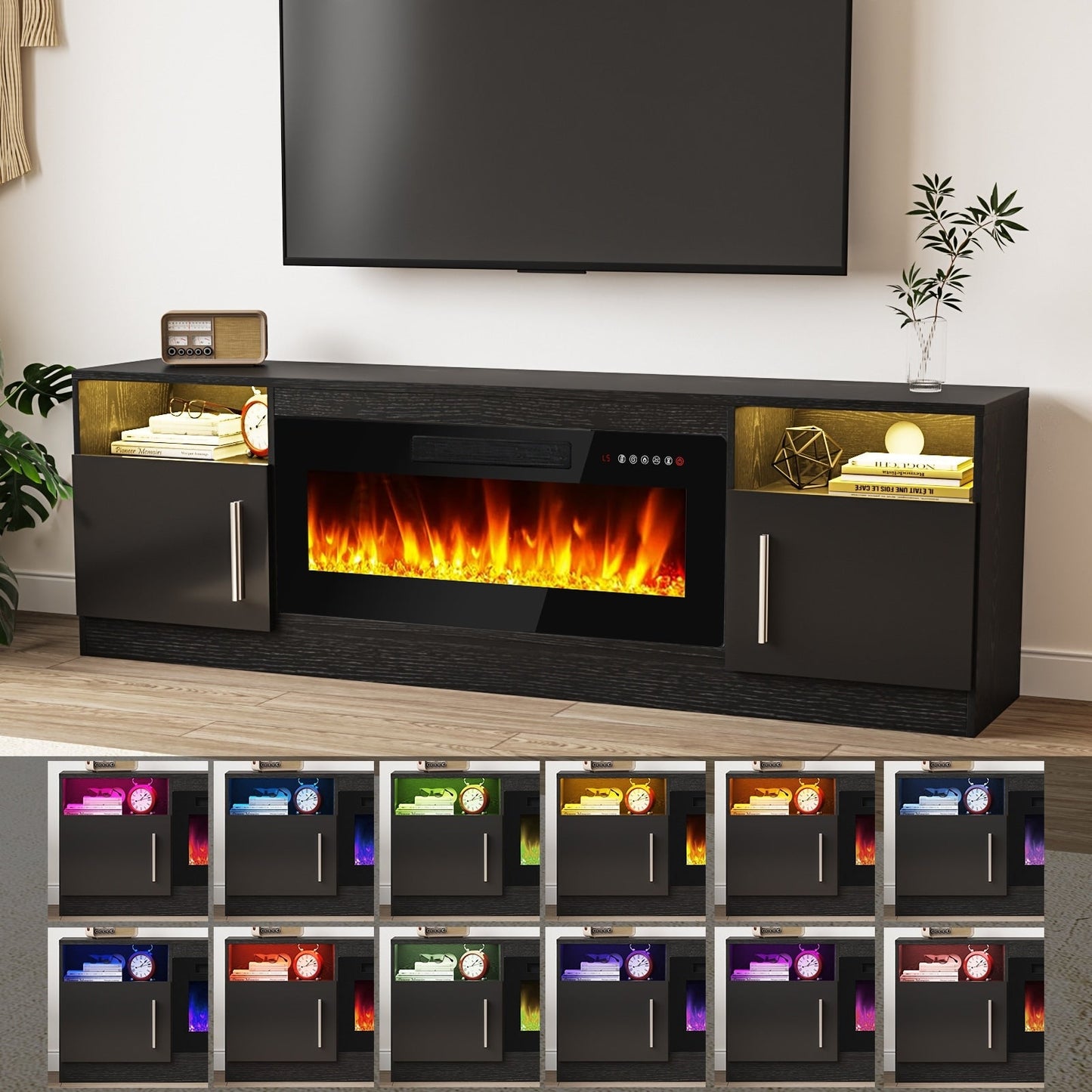 Meuble TV avec foyer électrique Bossin 70, foyer électrique de 36 pouces, meuble TV pour téléviseurs jusqu'à 80 pouces, éclairage LED à 16 couleurs/centre de divertissement