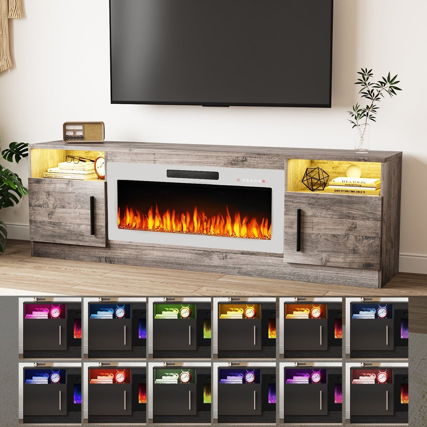 Meuble TV avec foyer électrique Bossin 70, foyer électrique de 36 pouces, meuble TV pour téléviseurs jusqu'à 80 pouces, éclairage LED à 16 couleurs/centre de divertissement