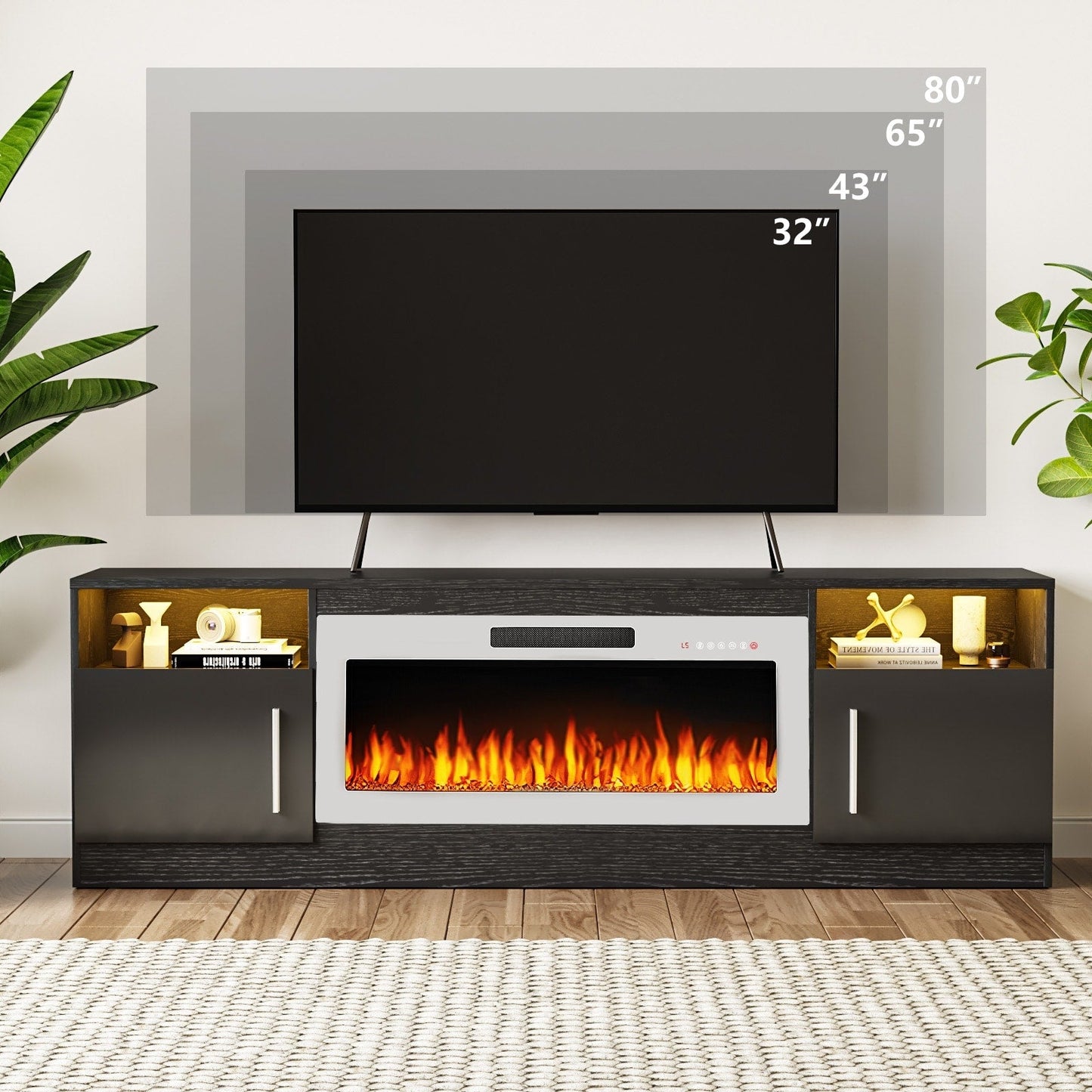 Meuble TV avec foyer électrique Bossin 70, foyer électrique de 36 pouces, meuble TV pour téléviseurs jusqu'à 80 pouces, éclairage LED à 16 couleurs/centre de divertissement