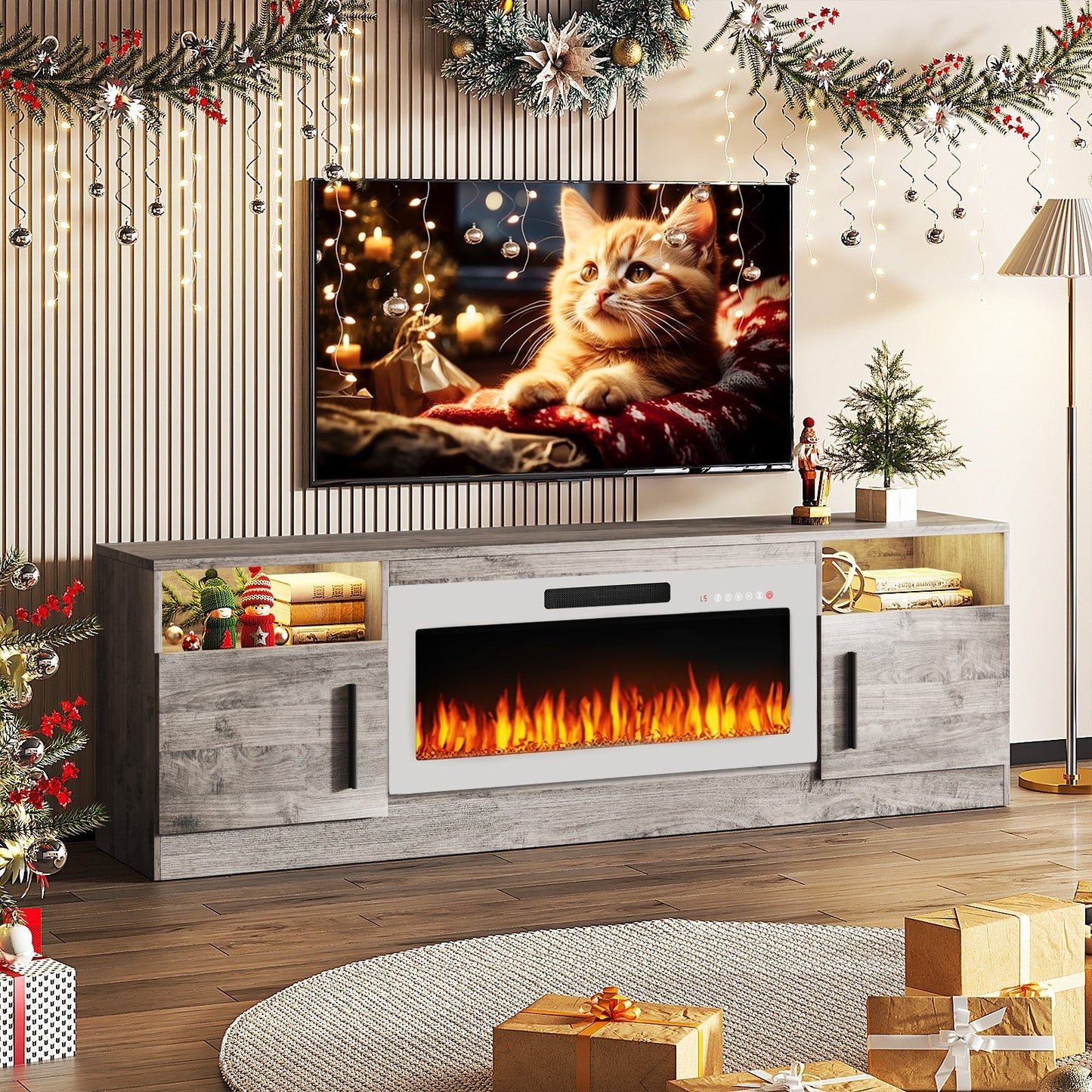 Meuble TV avec foyer électrique Bossin 70, foyer électrique de 36 pouces, meuble TV pour téléviseurs jusqu'à 80 pouces, éclairage LED à 16 couleurs/centre de divertissement