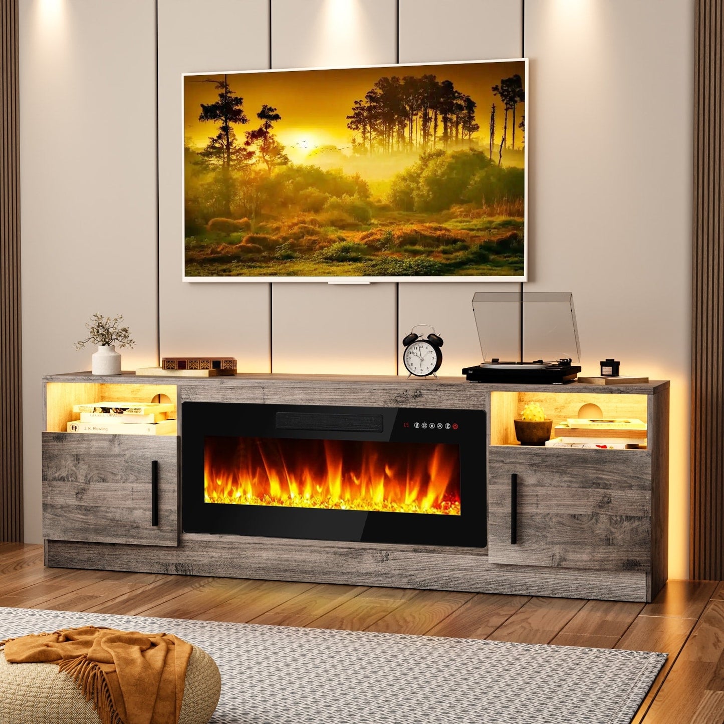 Meuble TV avec foyer électrique Bossin 70, foyer électrique de 36 pouces, meuble TV pour téléviseurs jusqu'à 80 pouces, éclairage LED à 16 couleurs/centre de divertissement