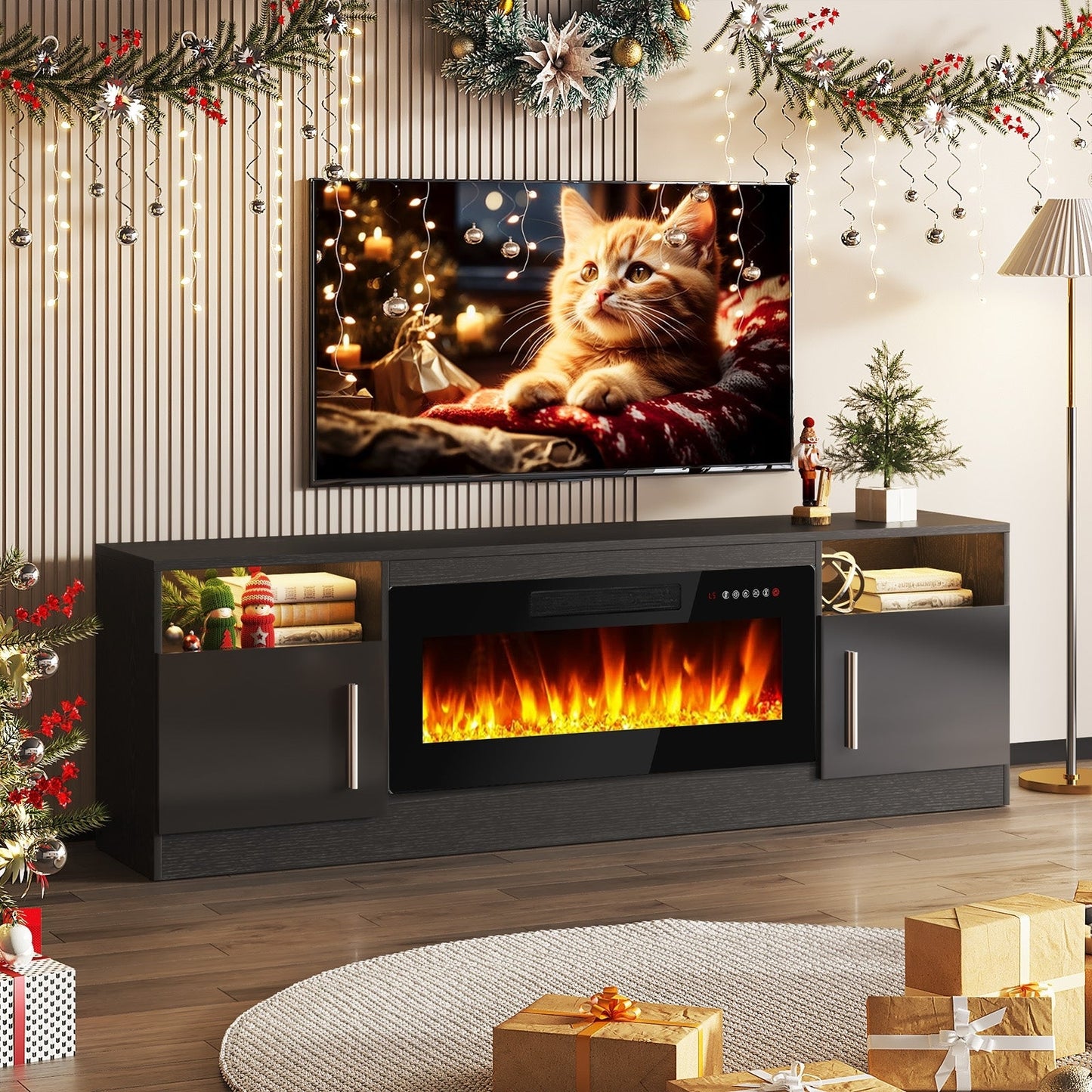Meuble TV avec foyer électrique Bossin 70, foyer électrique de 36 pouces, meuble TV pour téléviseurs jusqu'à 80 pouces, éclairage LED à 16 couleurs/centre de divertissement