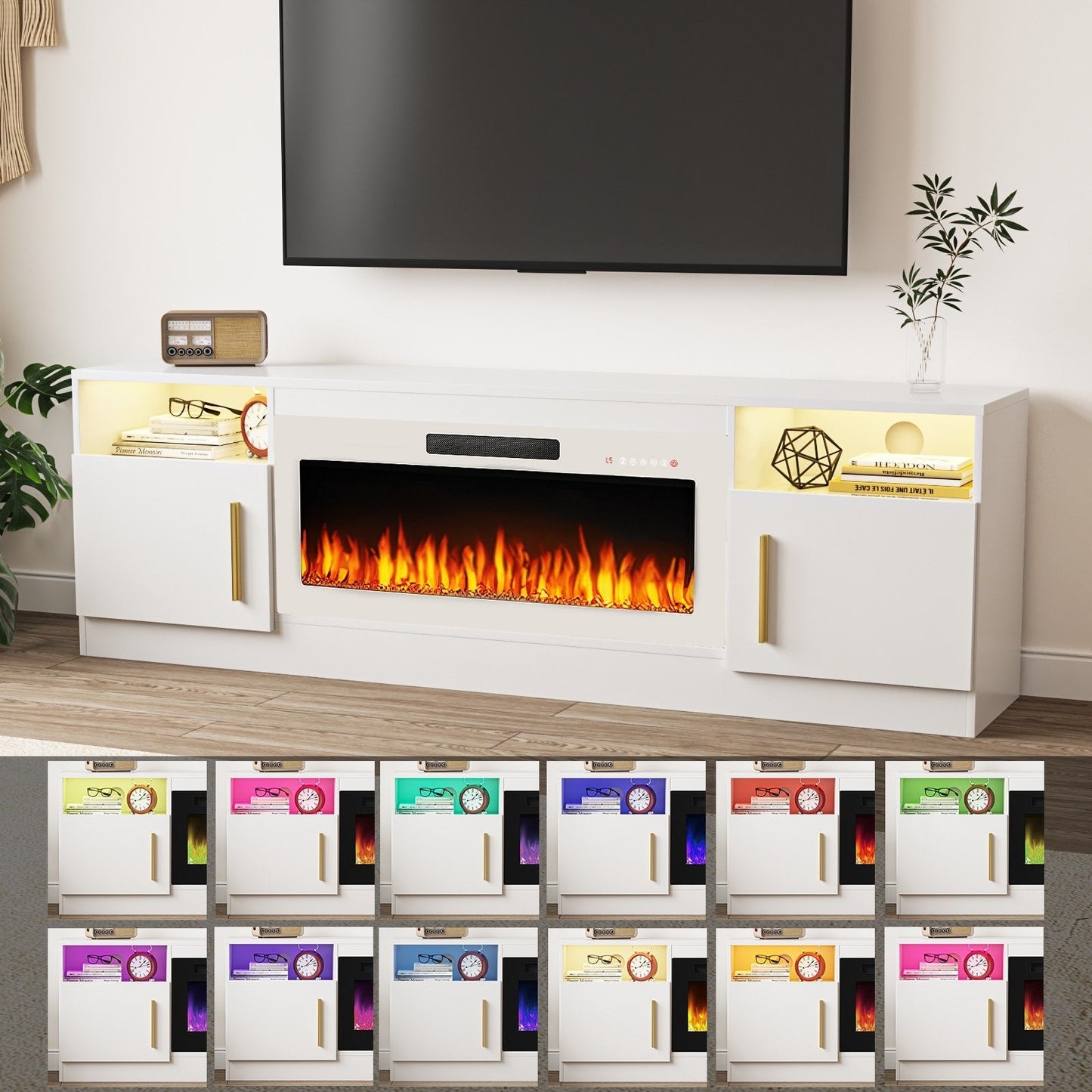 Meuble TV avec foyer électrique Bossin 70, foyer électrique de 36 pouces, meuble TV pour téléviseurs jusqu'à 80 pouces, éclairage LED à 16 couleurs/centre de divertissement