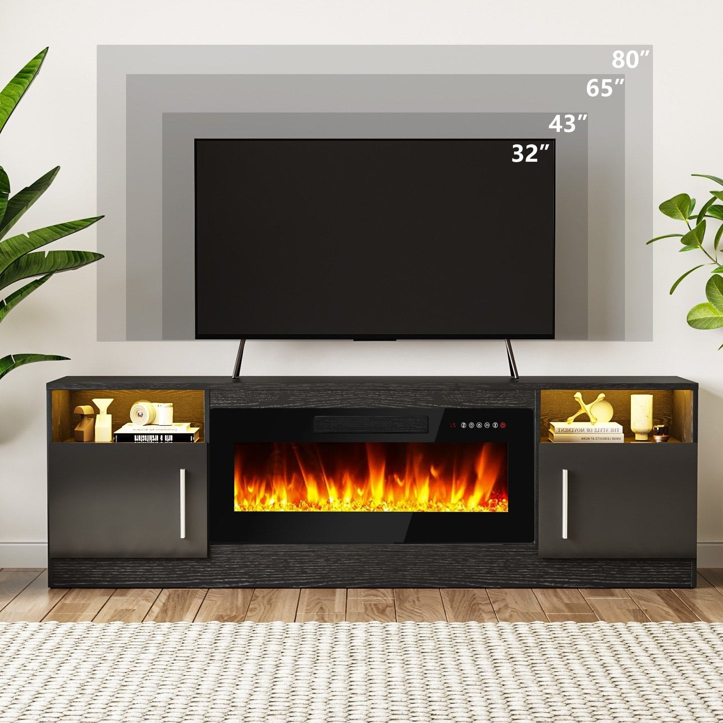 Meuble TV avec foyer électrique Bossin 70, foyer électrique de 36 pouces, meuble TV pour téléviseurs jusqu'à 80 pouces, éclairage LED à 16 couleurs/centre de divertissement