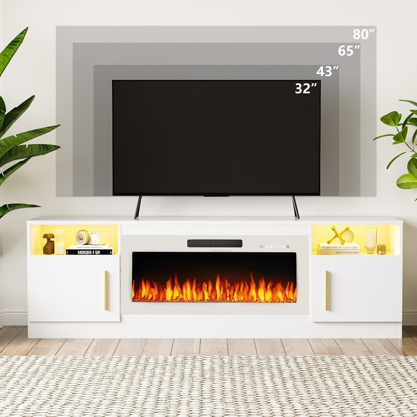 Meuble TV avec foyer électrique Bossin 70, foyer électrique de 36 pouces, meuble TV pour téléviseurs jusqu'à 80 pouces, éclairage LED à 16 couleurs/centre de divertissement