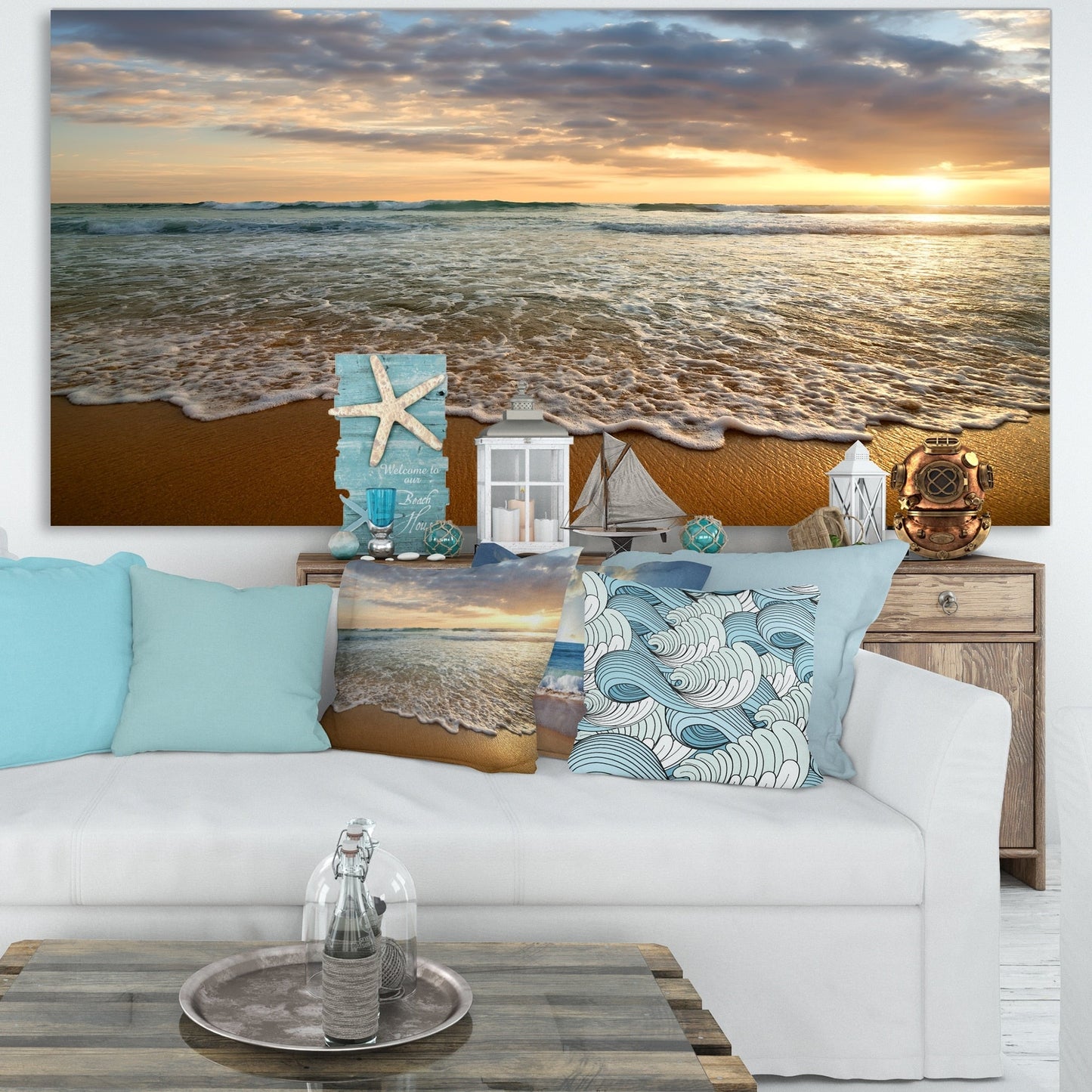 Coucher de soleil nuageux lumineux sur un océan calme - Tableau contemporain de paysage marin sur toile